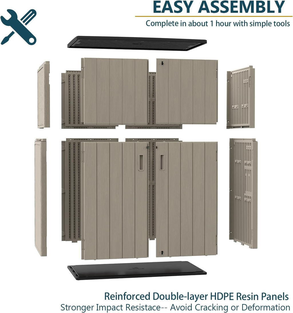 HOMSPARK Outdoor Storage Shed 57 Cu.Ft, All-Weather Resistant Resin Garden Sheds & Outdoor Storage Clearance with Floor, Double-Layer Plastic Tool Sheds for Patio, Garden & Lawn (Shallow Brown)
