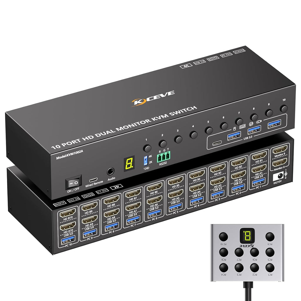 8 Port DisplayPort KVM Switch 4K@60Hz EDID Simulation, USB 3.0 DP KVM Switch for 8 Computers Share 1 Monitor and 4 USB Devices, Audio RS232,Wired Remote, 12V Power Supply & 8 USB Cables Included