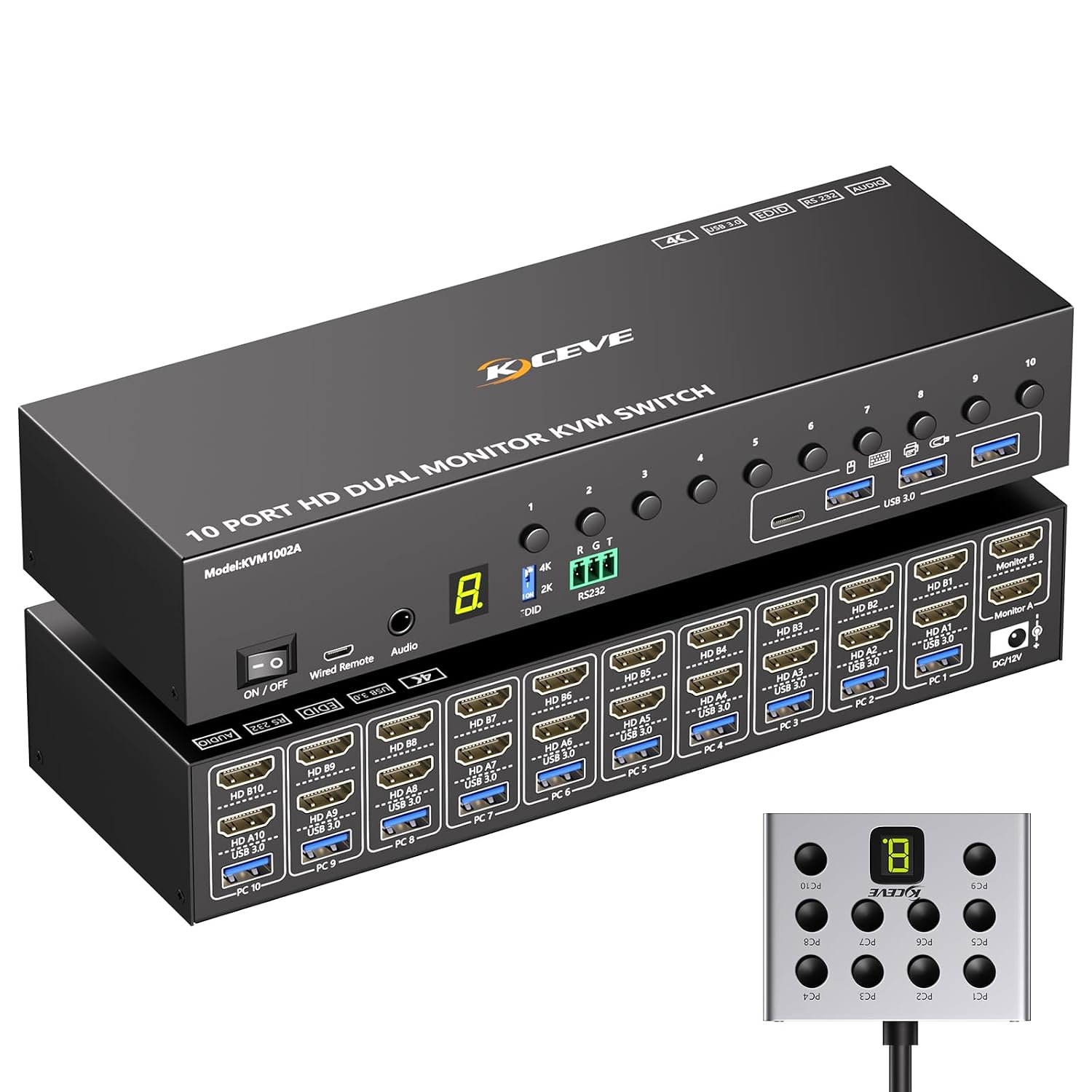 8 Port DisplayPort KVM Switch 4K@60Hz EDID Simulation, USB 3.0 DP KVM Switch for 8 Computers Share 1 Monitor and 4 USB Devices, Audio RS232,Wired Remote, 12V Power Supply & 8 USB Cables Included