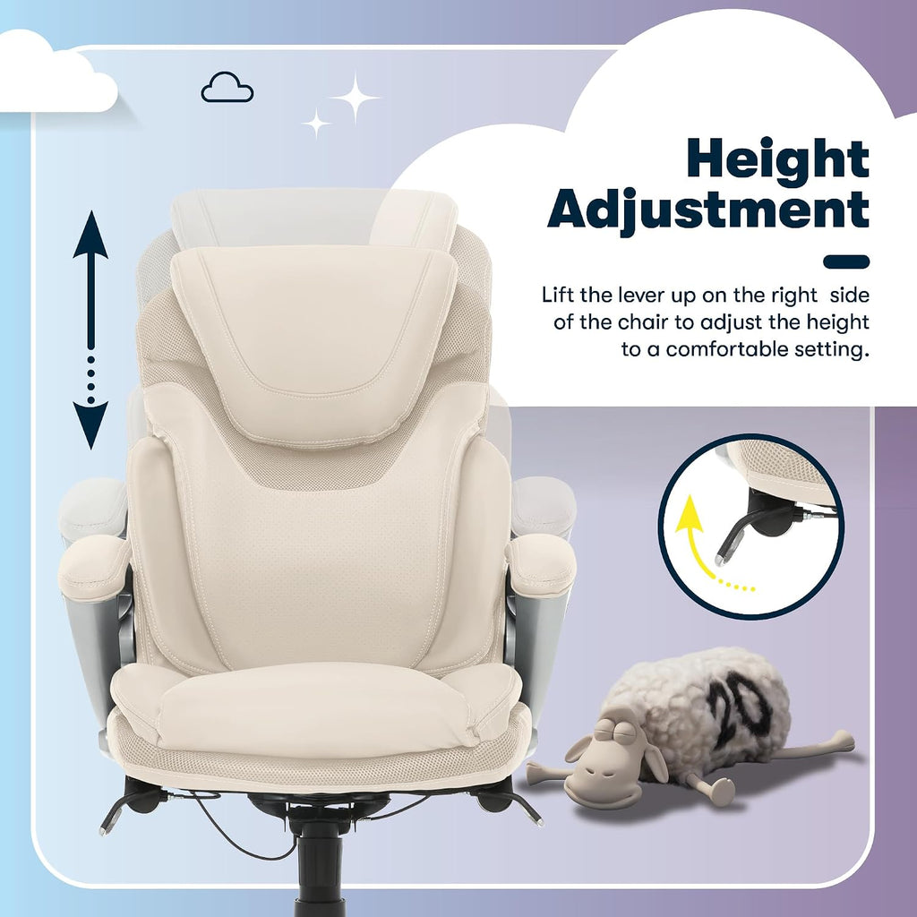 Serta Bryce Executive Office Chair - Ergonomic Computer DeskChair with Lumbar Technology - Adjustable Height - Memory Foam Body Pillows - 360° Swivel Rolling Base - Bonded Leather - Cream