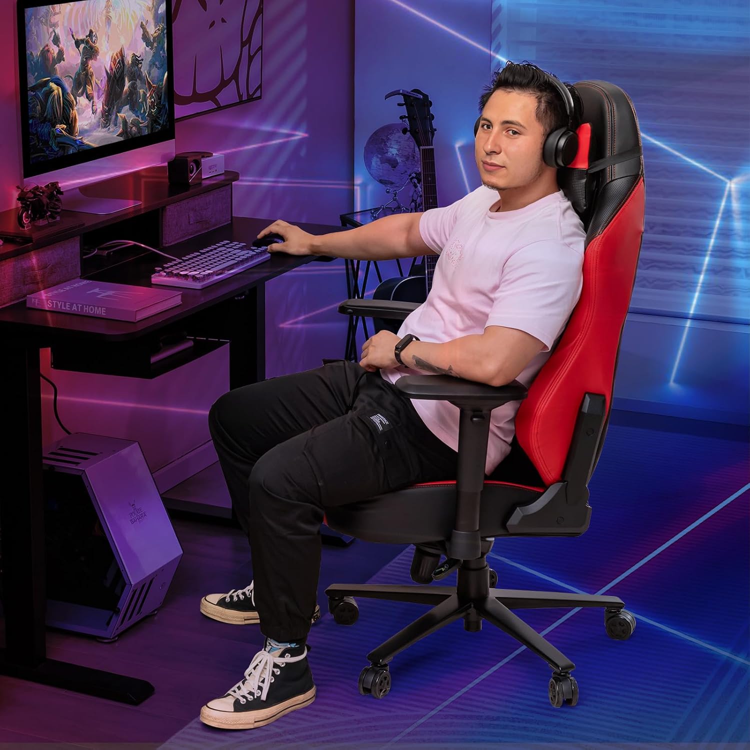 Goplus Gaming Chair, 360° Swivel Computer Chair with Casters, Multi-Angle Reclining, Tension Control, 4D Armrest, Headrest, Gas Lift, Height Adjustable Game Chair for Office, Bedroom, Red