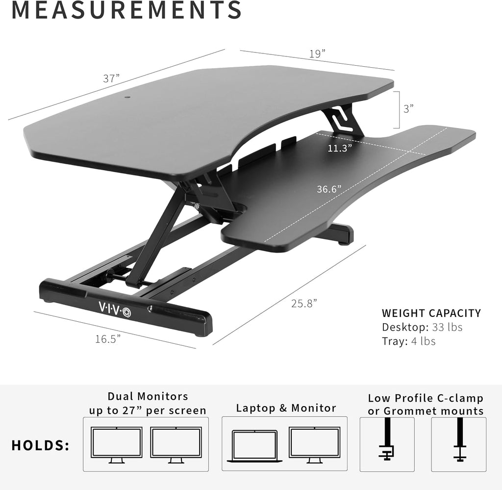 VIVO Corner Height Adjustable 38 inch Standing Desk Converter, Quick Sit to Stand Tabletop Dual Monitor Riser Workstation, DESK-V037MC