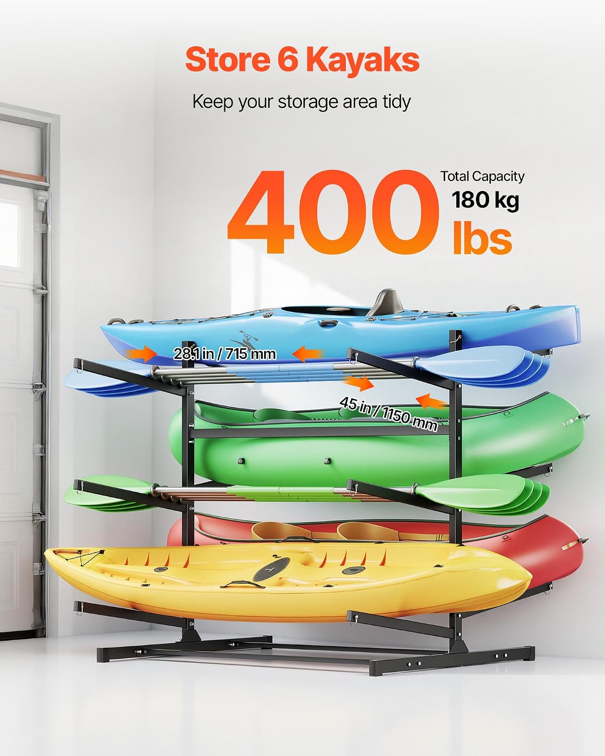 VEVOR Kayak Storage Rack, Heavy Duty Adjustable Freestanding Stand with Lockable Wheels for Indoor Outdoor Garage Shed Dock, Holder for Canoe, SUP, Surfboard & Paddleboard