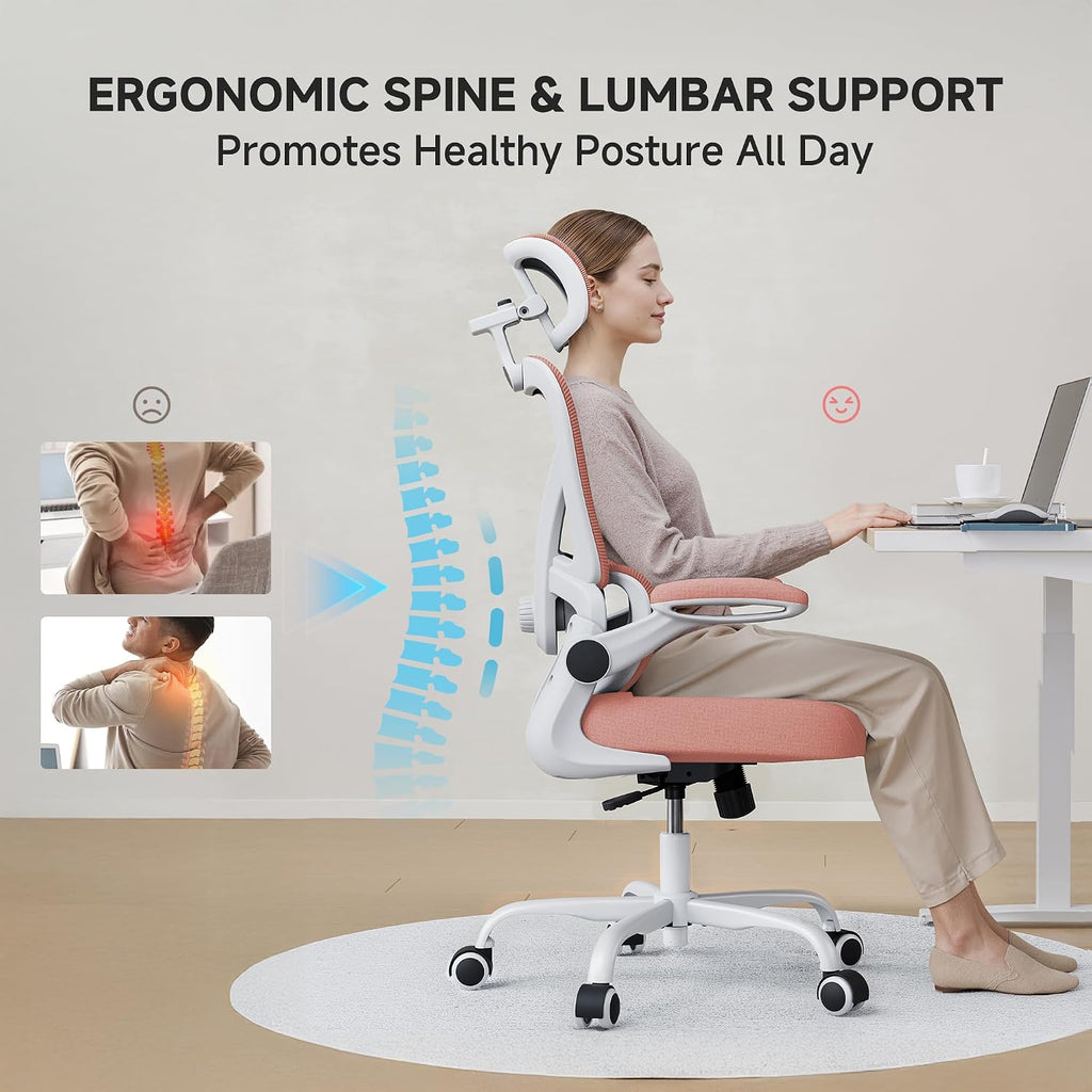 Ergonomic Office Chair, 330LBS Desk Chair with 3-Level Lumbar Support & Headrest, Breathable Mesh Backrest, Flip-Up Armrests for Home Office and Gaming, Pink