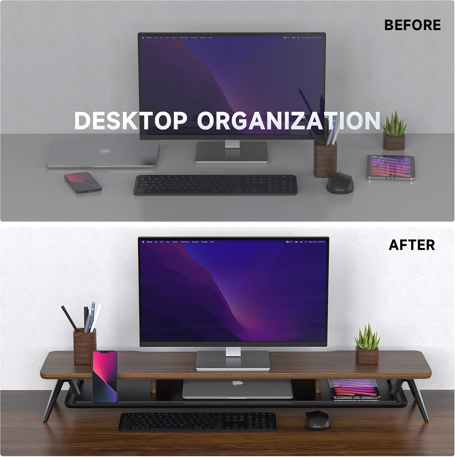 Fenge Dual Monitor Stand, Monitor Stands Riser for 2 Monitors, 42.5 Inch Monitor Stands Shelf with 12 Color LED Light for Office Desk