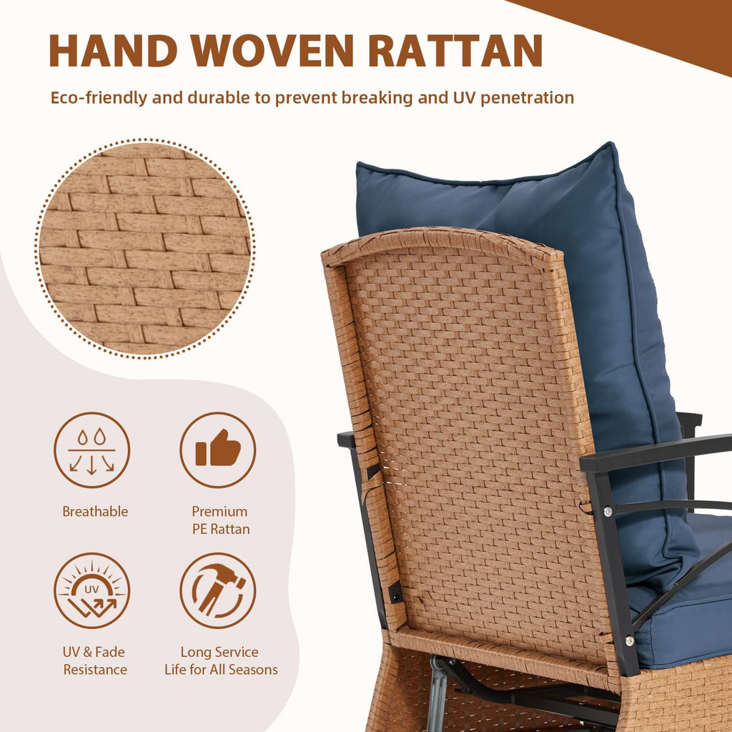 MELLCOM 3 Pieces Patio Furniture Set, Outdoor Swivel Patio Rocker Chairs with Thick Cushions and 2-Tier Coffee Table, Oversize Wicker Bistro Conversation Sets for Garden, Balcony, Backyard, Blue