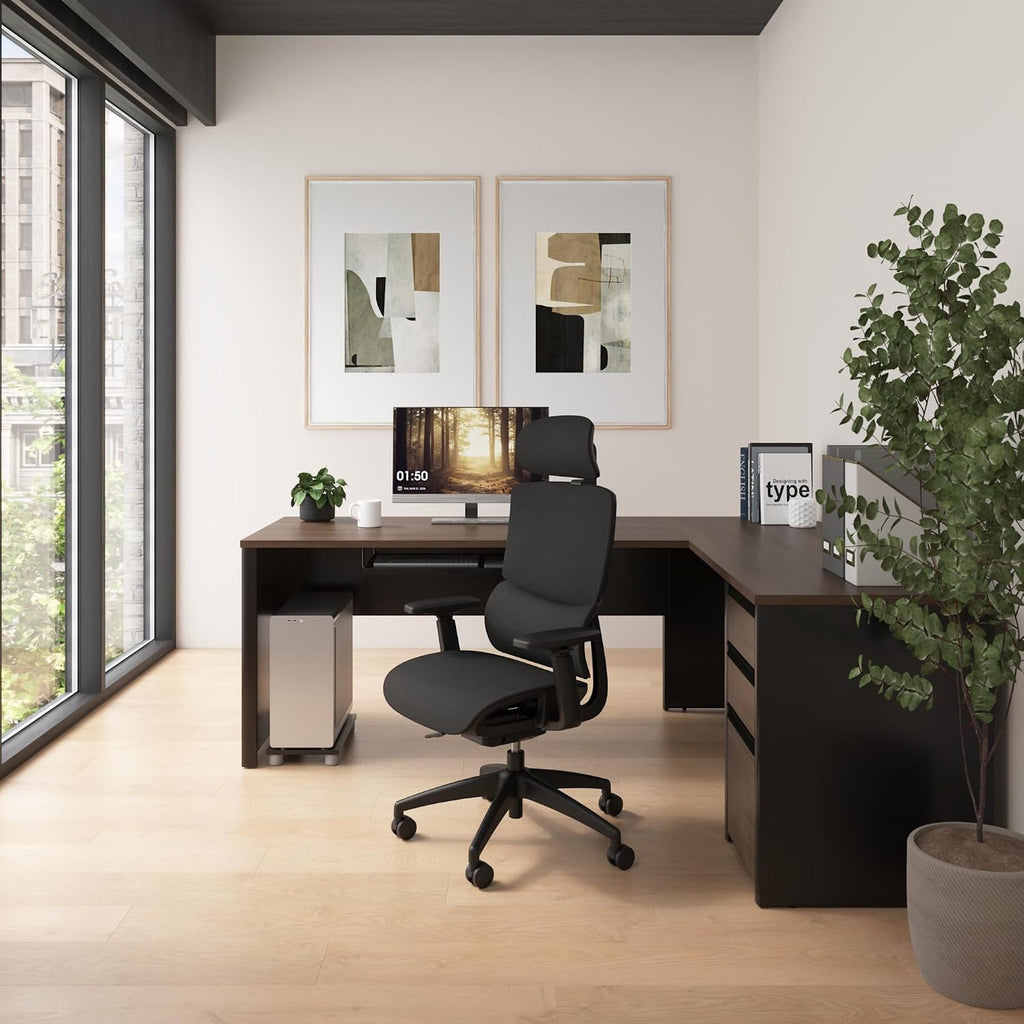 Bestar L Shaped Desk with Drawers and Keyboard Tray, Executive Workstation for Home or Professional Office, 72 Inches, Connexion Collection, Antigua and Black