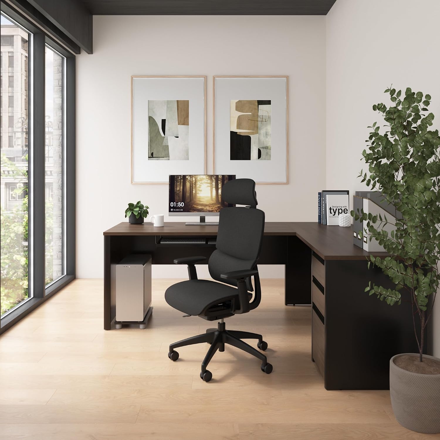 Bestar L Shaped Desk with Drawers and Keyboard Tray, Executive Workstation for Home or Professional Office, 72 Inches, Connexion Collection, Antigua and Black