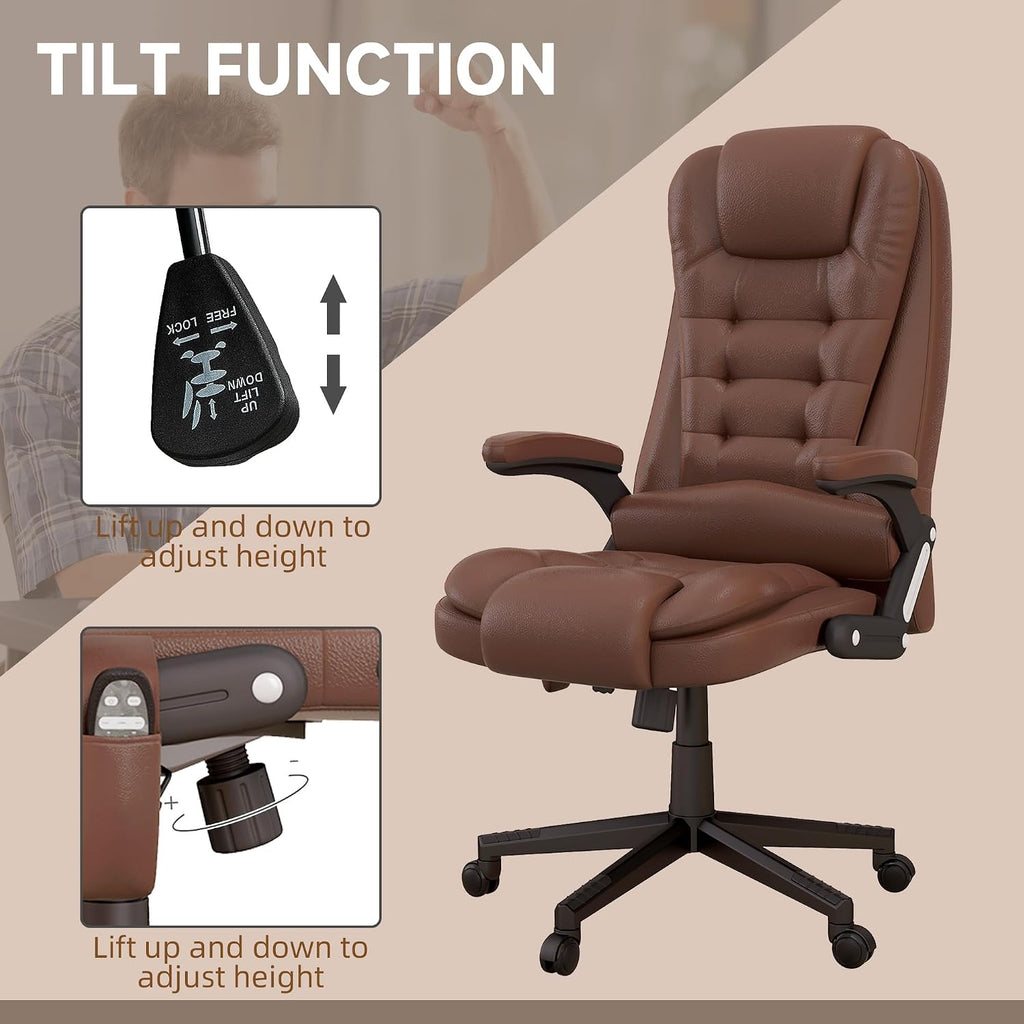 HOMCOM High Back Vibration Massage Office Chair with 6 Vibration Points, Heated Reclining PU Leather Computer Chair with Armrest and Remote, Brown