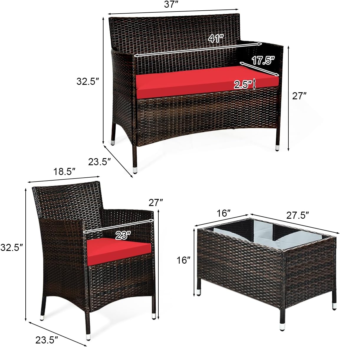 COSTWAY 8PCS Rattan Patio Furniture Set, Outdoor Wicker Rattan Chairs with Coffee Table, Rattan Cushioned Conversation Set for Backyard Balcony Porch Poolside, Red