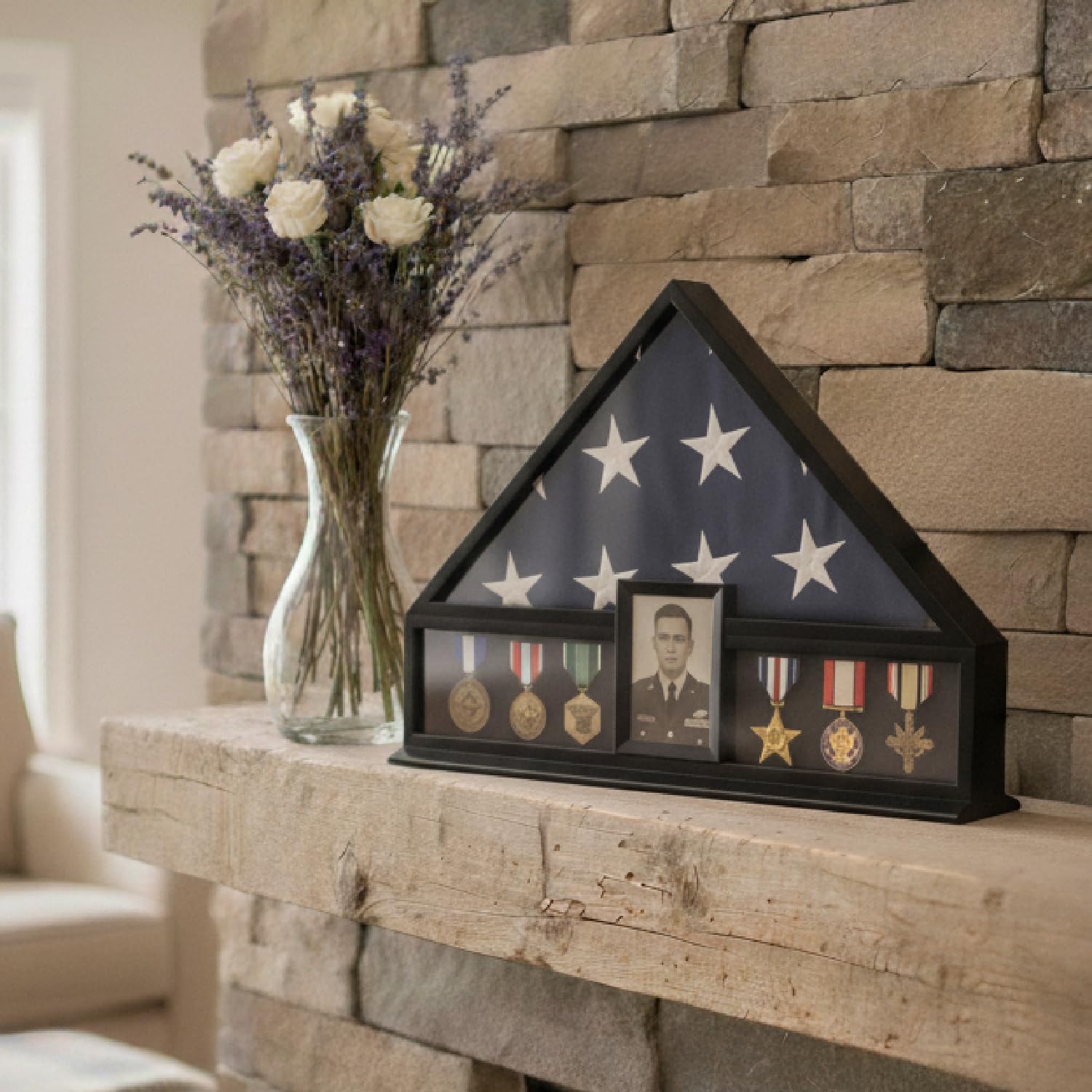 Bey-Berk Personalized American Burial Flag Display Case (Black), Solid Wood Military Shadow Box with Medal Display, 4' x 6' Photo Frame and Glass Front, Fits 5' x 9.5' Veteran Flag