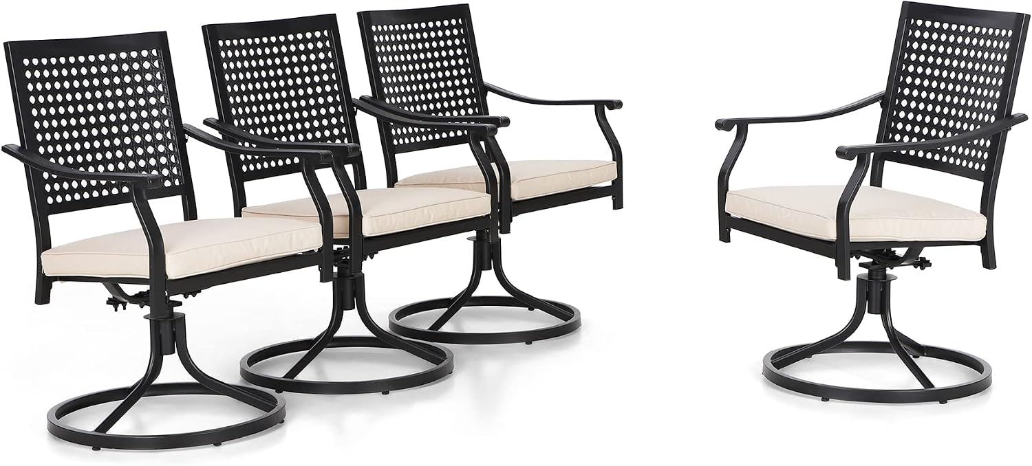 PHI VILLA Patio Swivel Dining Chairs Set of 4, Outdoor Kitchen Garden Metal Chair with Cushions, Patio Furniture Chair with Armrest, Black Frame