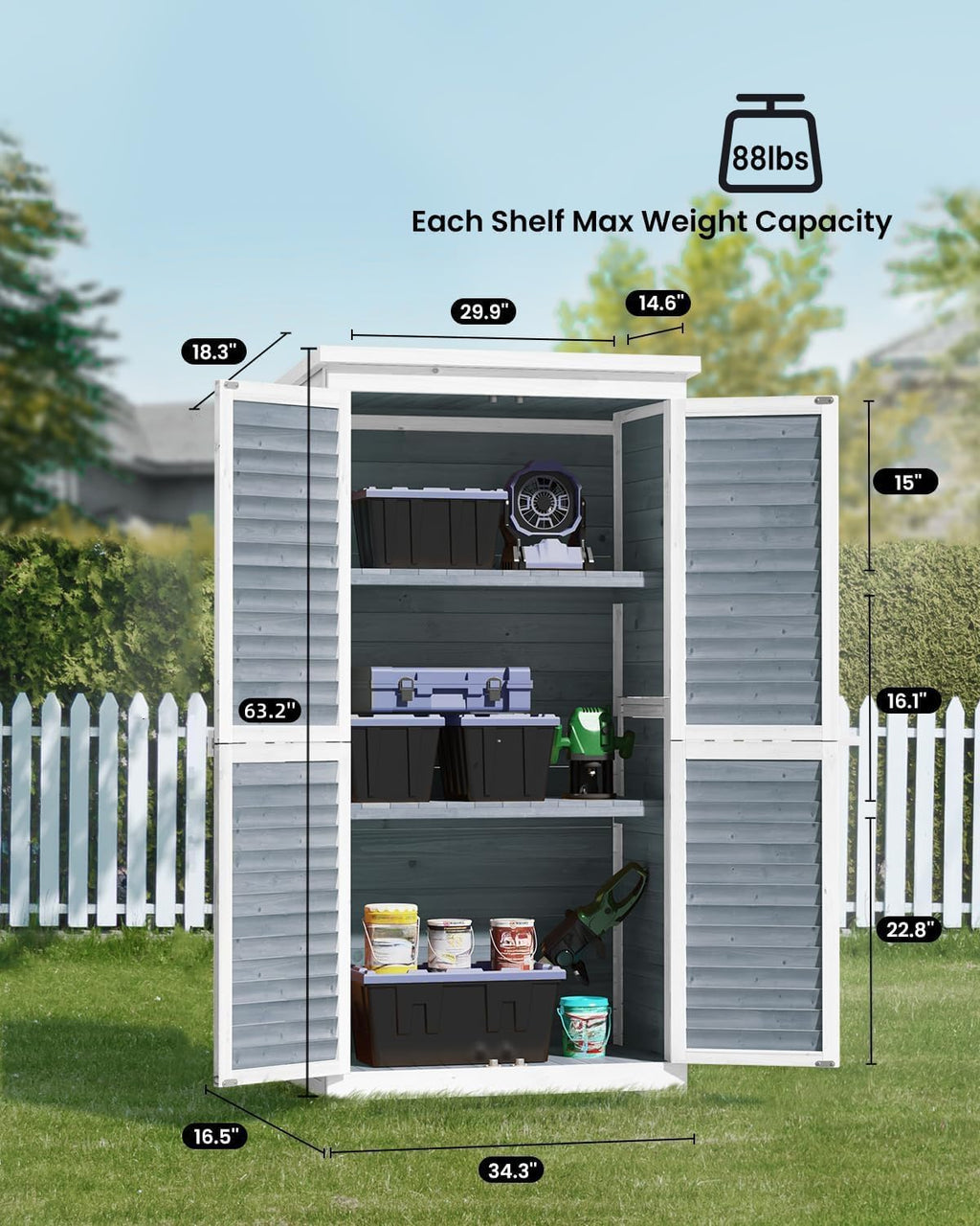 Bealife 63.2' Outdoor Storage Cabinet with Double Doors, Lockable Vertical Storage Shed with 3 Shelves Organizer, Waterproof Fir Wood Tool Closet Shed for Garden, Backyard, Patio, and Lawn -Grey