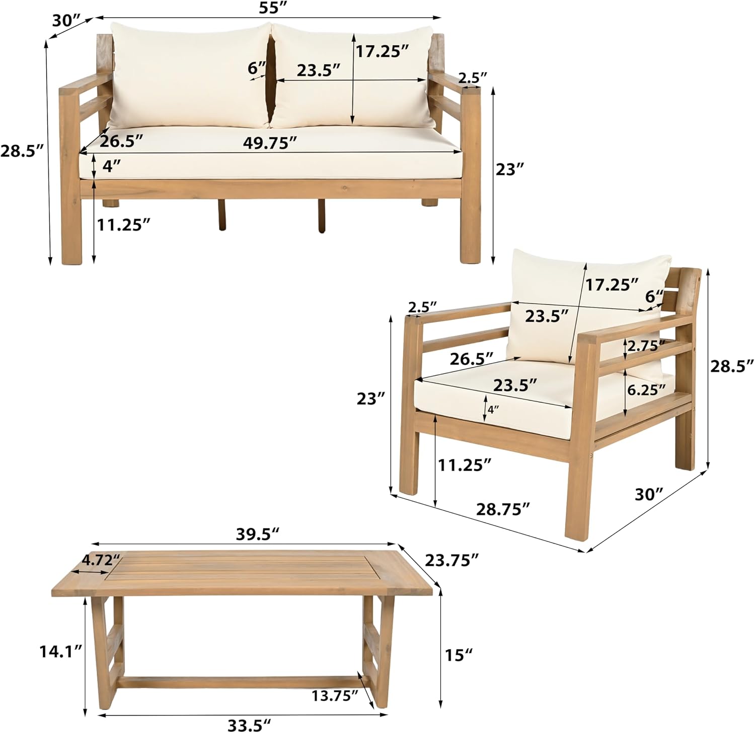 Christopher Knight Home Jamaia 4 Pieces Acacia Furniture Set, Patio Conversation Chat 2-Seat Sofa Set with Coffee Table, Outdoor Loveseat Chair Set for Garden Porch Backyard Balcony, Light Teak+Beige
