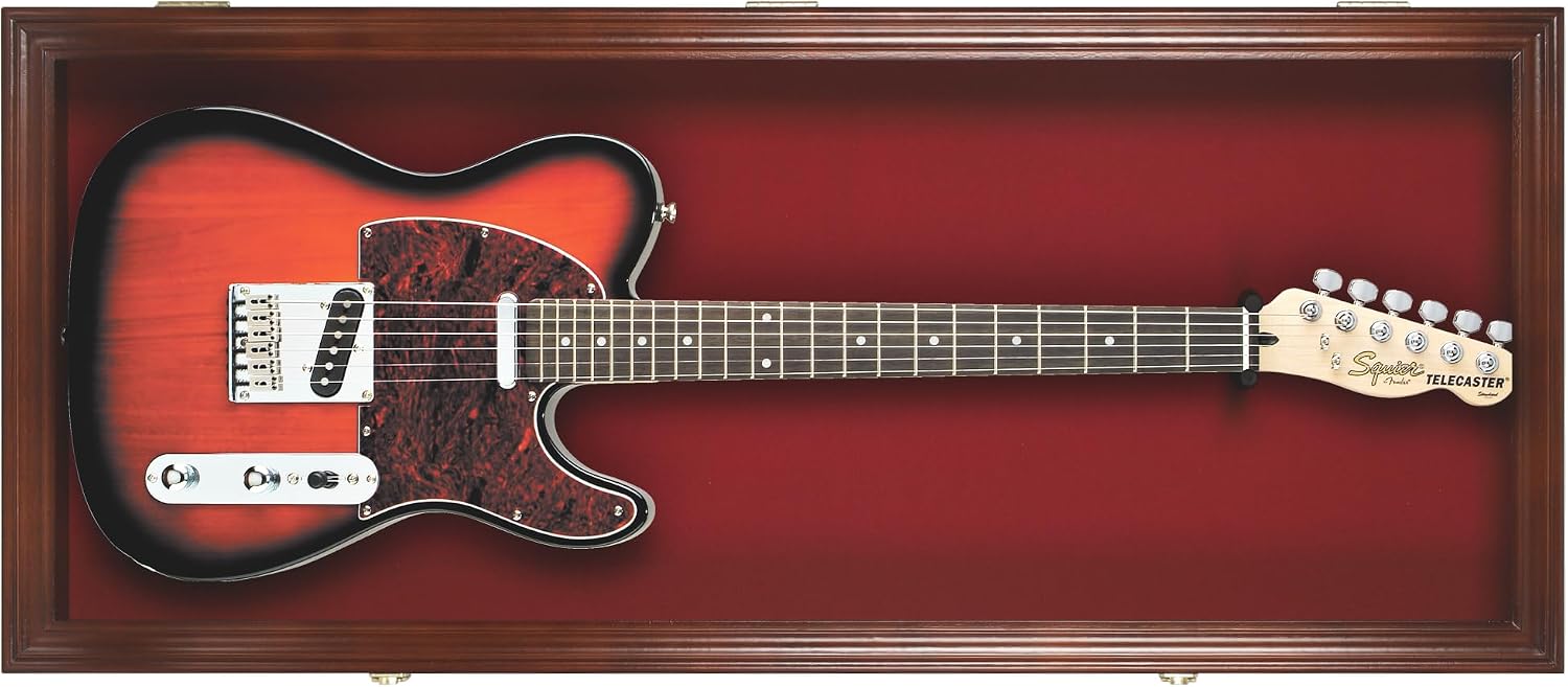DisplayGifts 42' Electric Guitar Display Case Cabinet Shadow Box with Guitar Hanger Stand, Lockable UV Protection Red Felt Interior with Mahogany Finish Frame