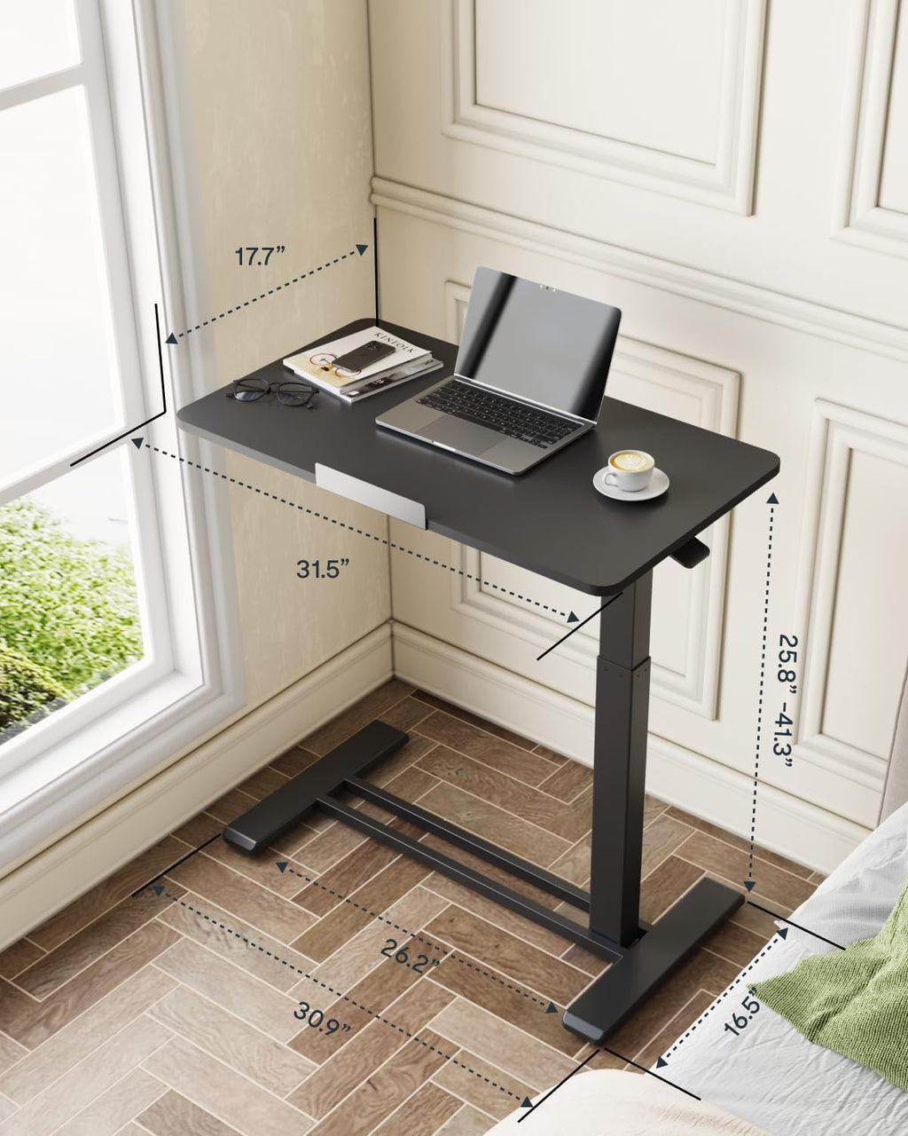 FLEXISPOT H7 PRO Mobile Standing Desk Adjustable Overbed Table Pneumatic with Wheels 90°Tiltable Portable Laptop Desk Rolling Computer Cart Foldable Bedside Table(31.5' W x 17.7' D D, Black)