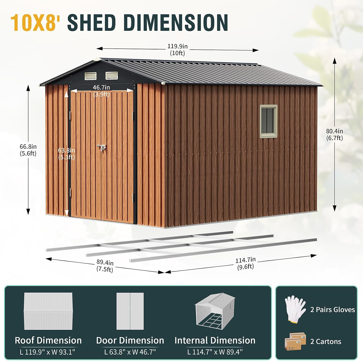 Florise Storage Shed, Large Outdoor Shed with Floor Base, Window, Lockable Doors, Outside Metal Steel Shed for Garden, Backyard, Lawn, Patio Utility, Tool Storage (8x10 FT/Base)