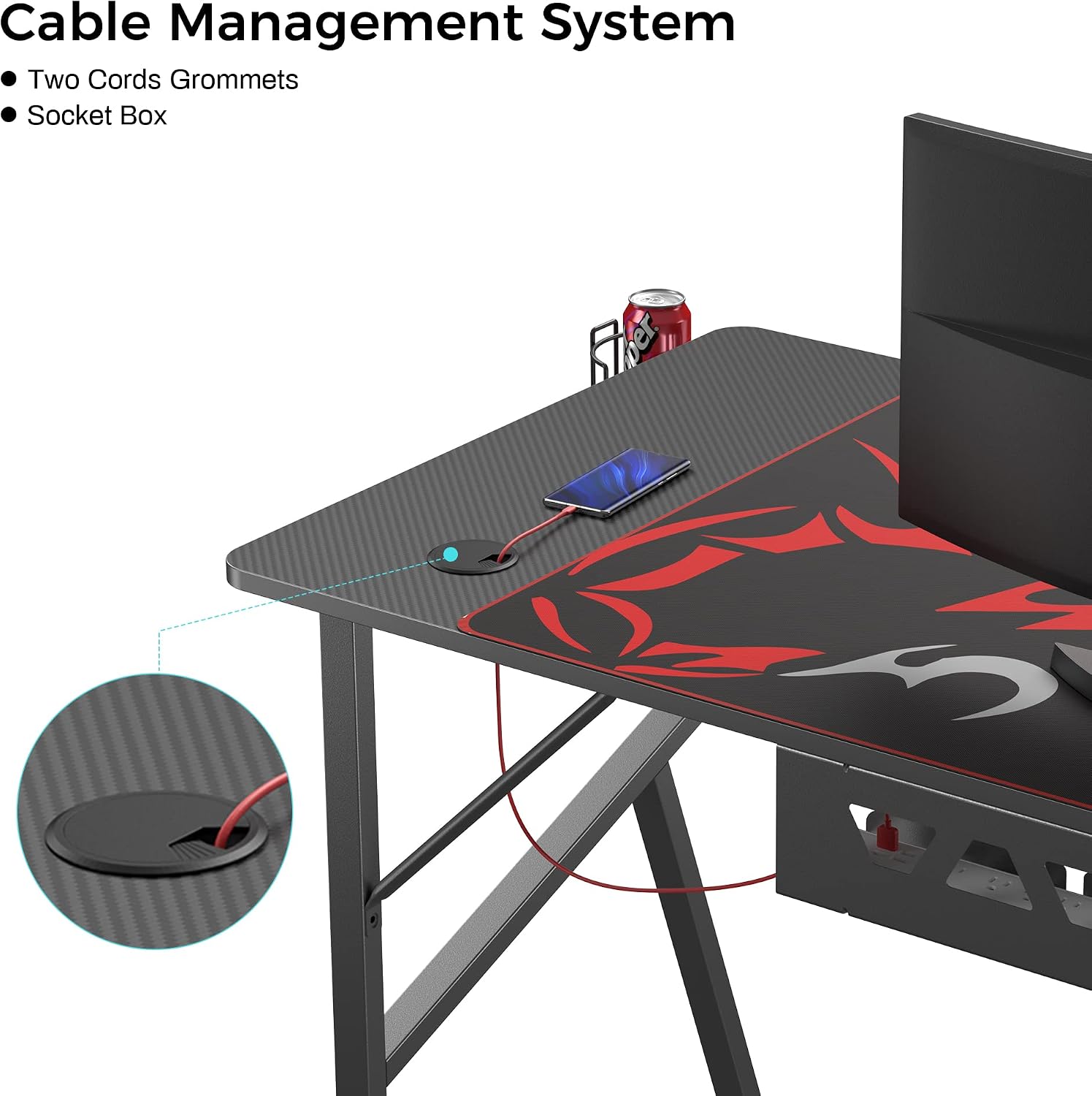 EUREKA ERGONOMIC Gaming Desk 47 Inch, K Shaped Home Office PC Computer Desk Table for Gamer with Cable Management, Carbon Fiber Black
