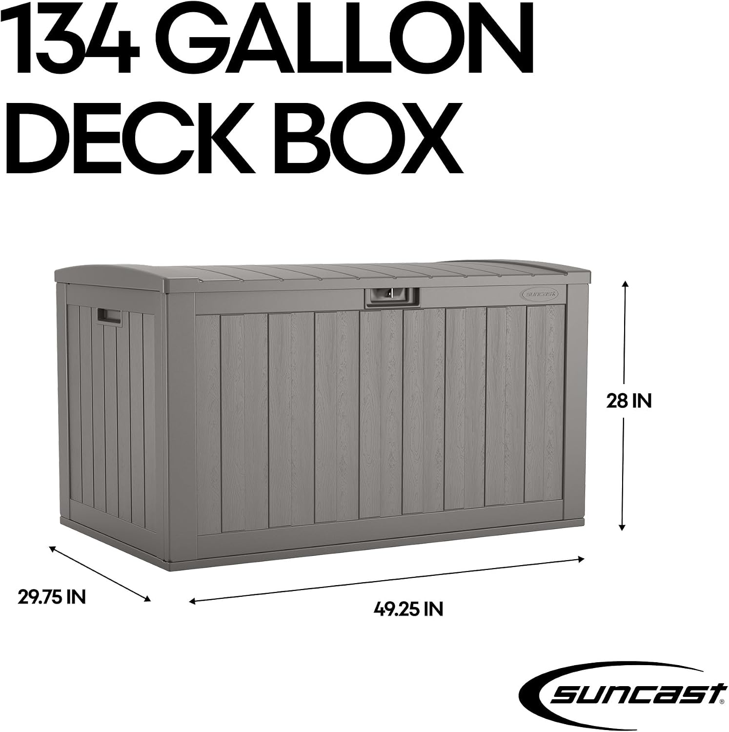 Suncast 134-Gal. Resin Extra-Large Outdoor Patio Deck Box with Pad-Lockable Lid, Modern Outdoor Patio Bench/Storage Box for Cushions, Garden Tools, and More, Dove Gray