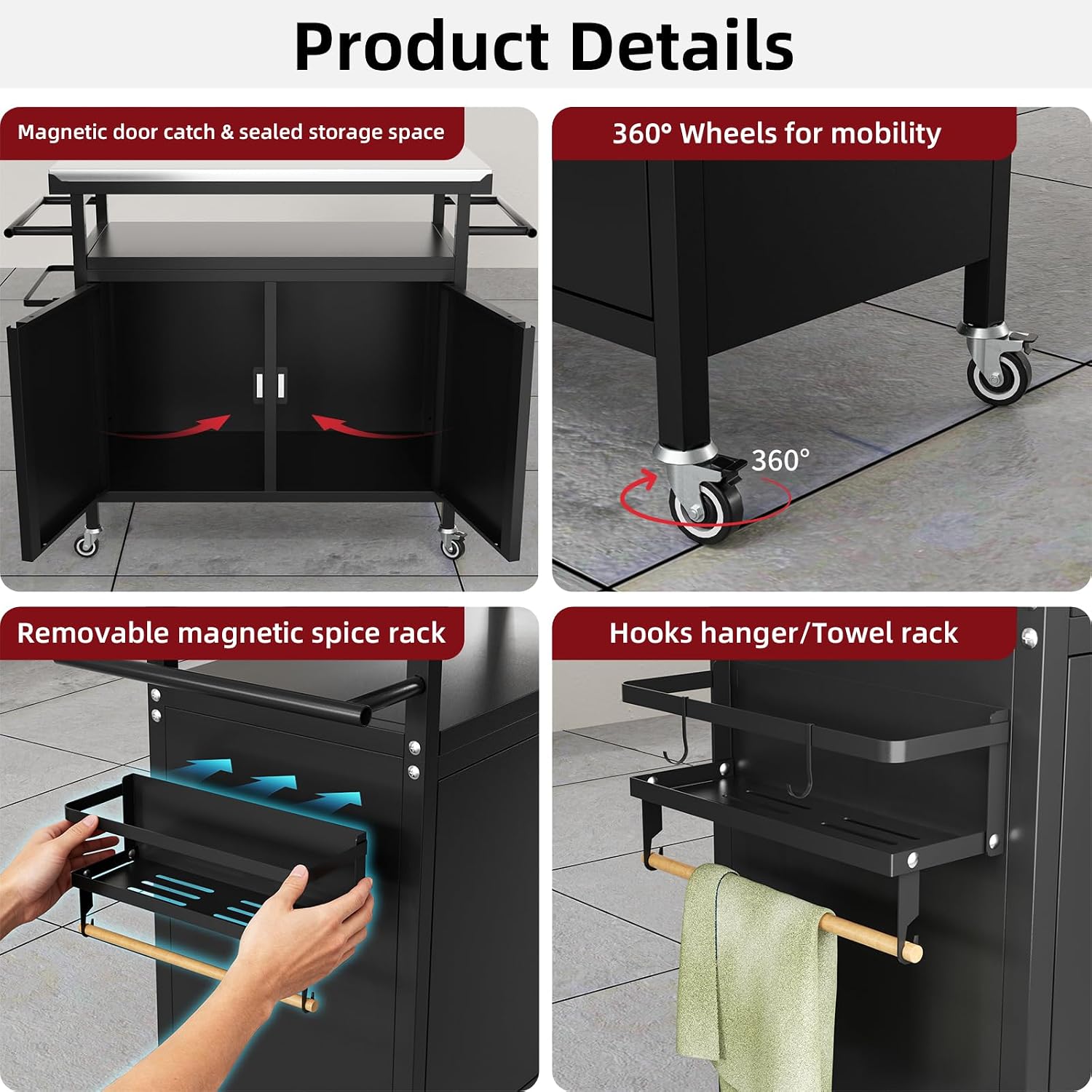 Nessxa Outdoor Grill Cart Bar Cart with Storage Cabinet for Grilling Accessories, XL Portable Outdoor Grill Table with Stainless Steel Top for Kitchen Prep, Lawn & Garden（Black）