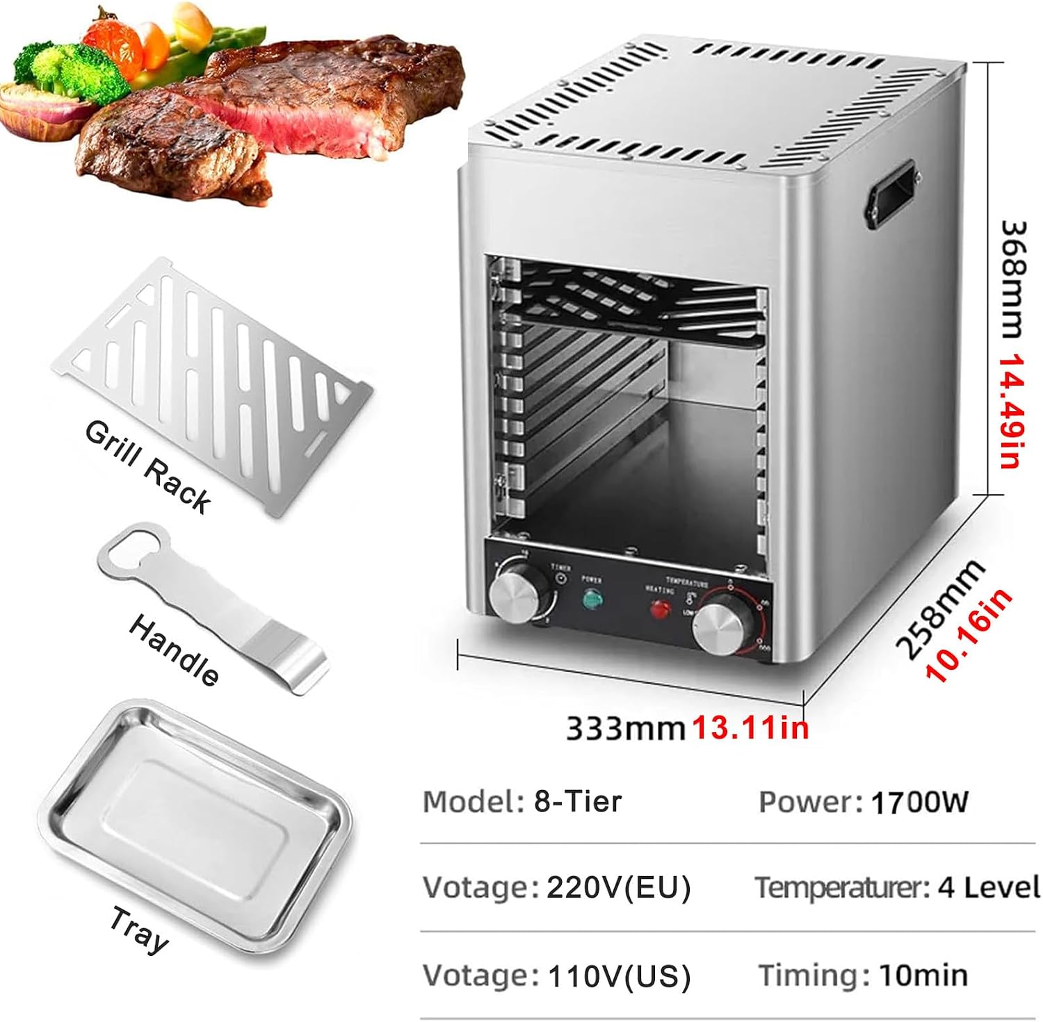 Electric Steak Grill Indoor, 8 Tier Steak Broiler, 1700W Tabletop Steak Grill, 800℃ Adjustable Temperature, for Party, Camping