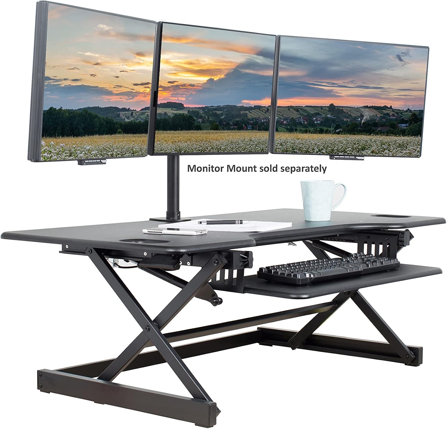 Rocelco 46' Large Height Adjustable Standing Desk Converter - Quick Sit Stand Up Triple Monitor Riser - Tall Gas Spring Assist Computer Workstation - Retractable Keyboard Tray - Black (R DADRB-46)
