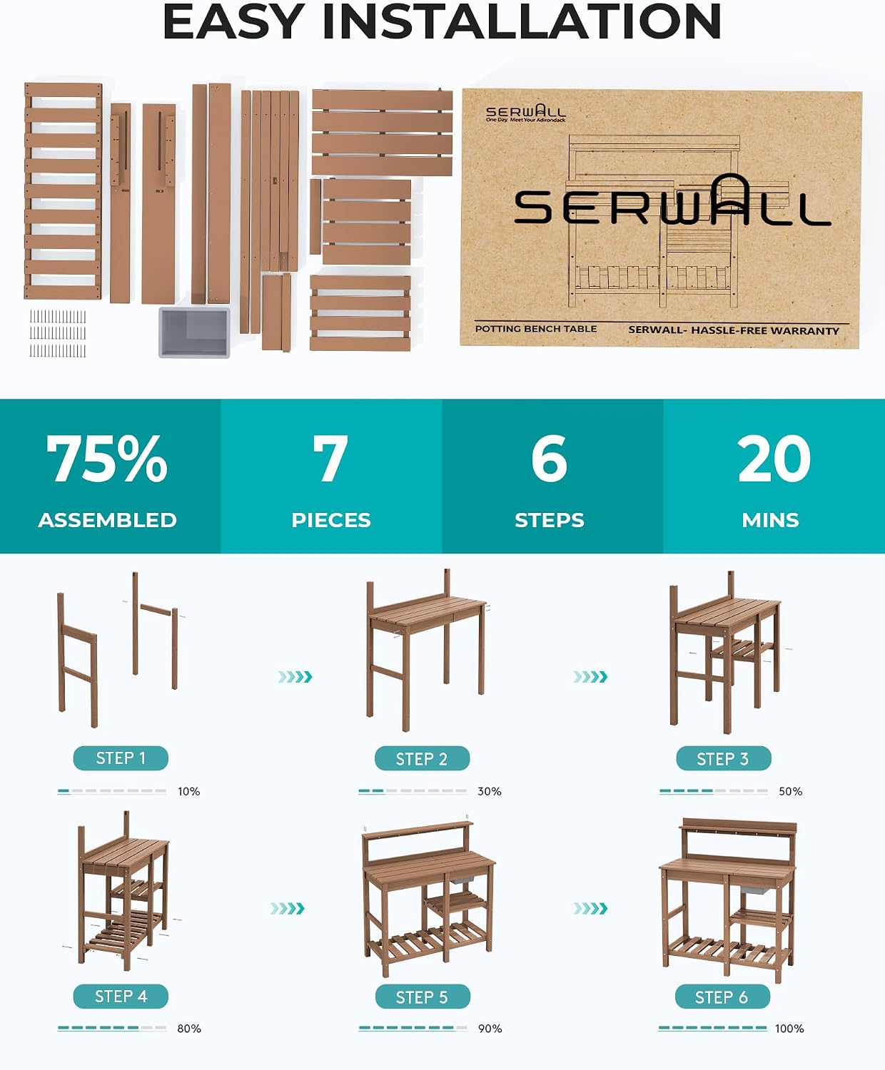 SERWALL Outdoor Potting Bench with Removeable Sink,Rot-Resistant HDPE Potting Table for Outside Gardening, All Weather Use - Brown