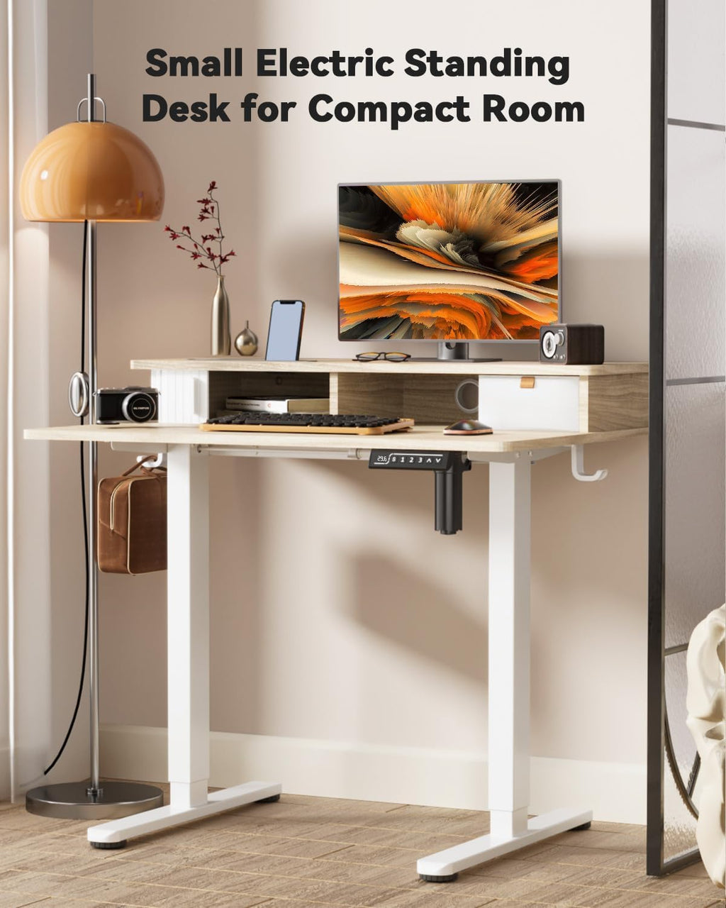 JOY worker Small Electric Standing Desk, 35' x 25' Height Adjustable Desk with Built-in Monitor Stand & Storage Drawer, White Sit Stand Desk with 2 Hooks for Home Office, Light Walnut