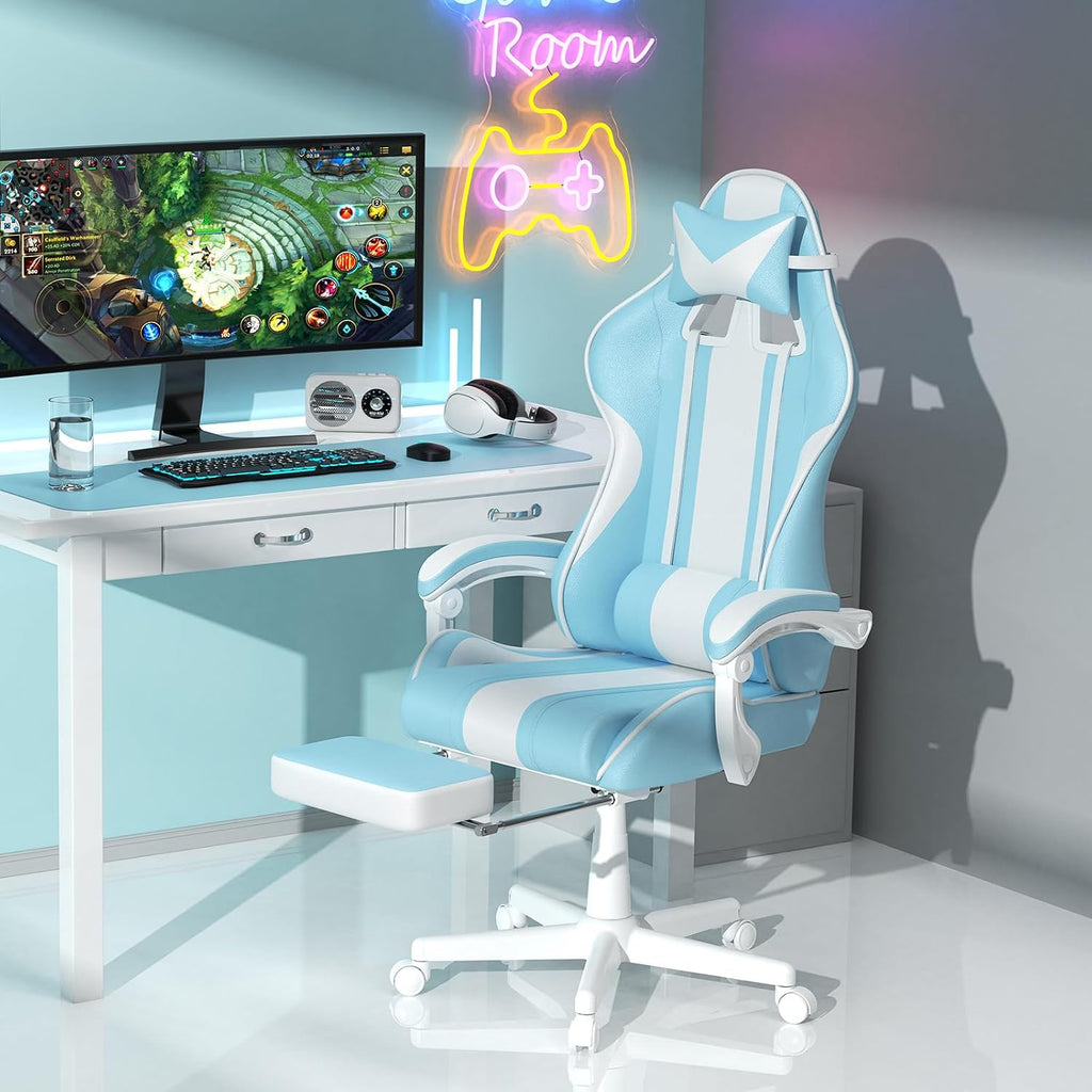 Ferghana Gaming Chairs, Ergonomic Racing Style PC Game Computer Chair with Headrest Lumbar Support Adjustable Recliner PU Leather Video Computer Chair(Light Blue)