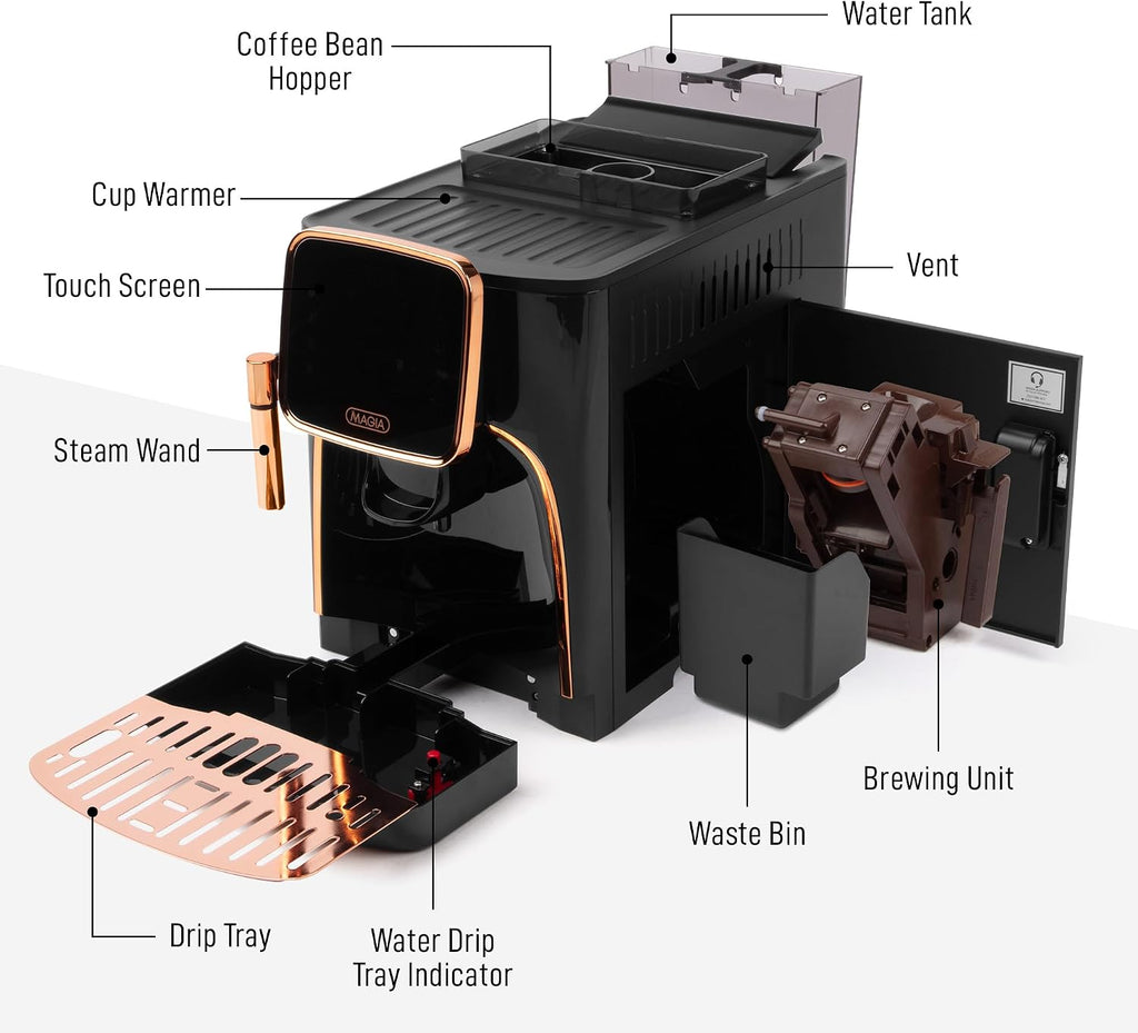 Zulay Kitchen Magia Clasica Automatic Espresso Machine with Built-In Grinder, Touch Panel Coffee Maker, Steam Wand Milk Frother, Adjustable Strength, Self-Cleaning, Black & Copper (13' x 17.7' x 9.4')