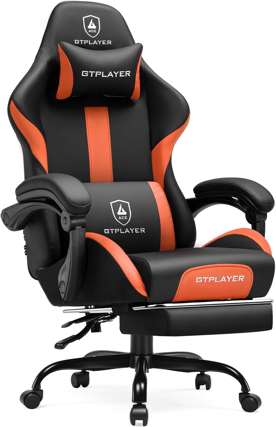 GTPLAYER Gaming Chair with Foot Rest & Pocket Spring Cushion, Ergonomic High Back Computer Chair with Headrest & 360°-Swivel Seat for Home Office Desk, PU Leather, Orange