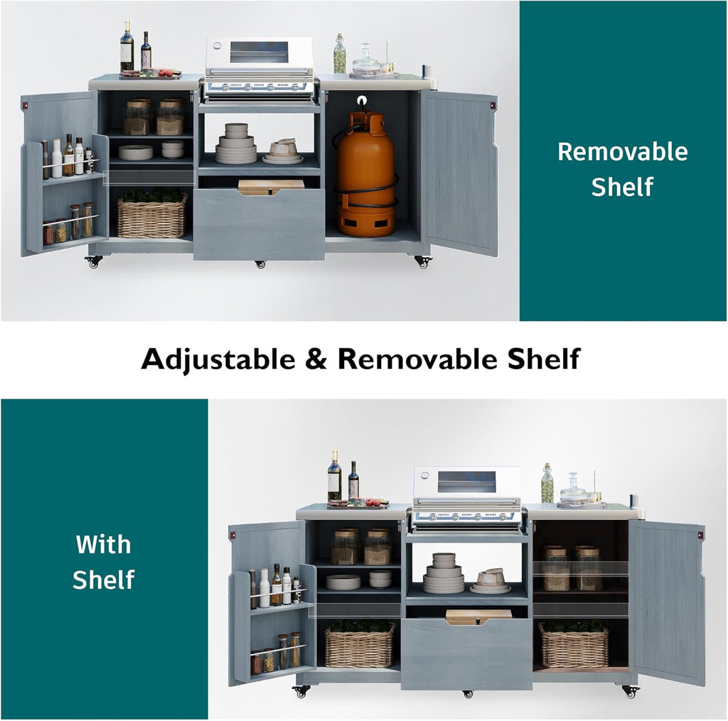 Merax 66.5' Outdoor Grill Table for Big Green Egg, Farmhouse Kitchen Island on Wheels with Stainless Steel Tabletop, Drawer and Spice Rack, Solid Wood Outdoor Storage Cabinet for Backyard, Grey Blue