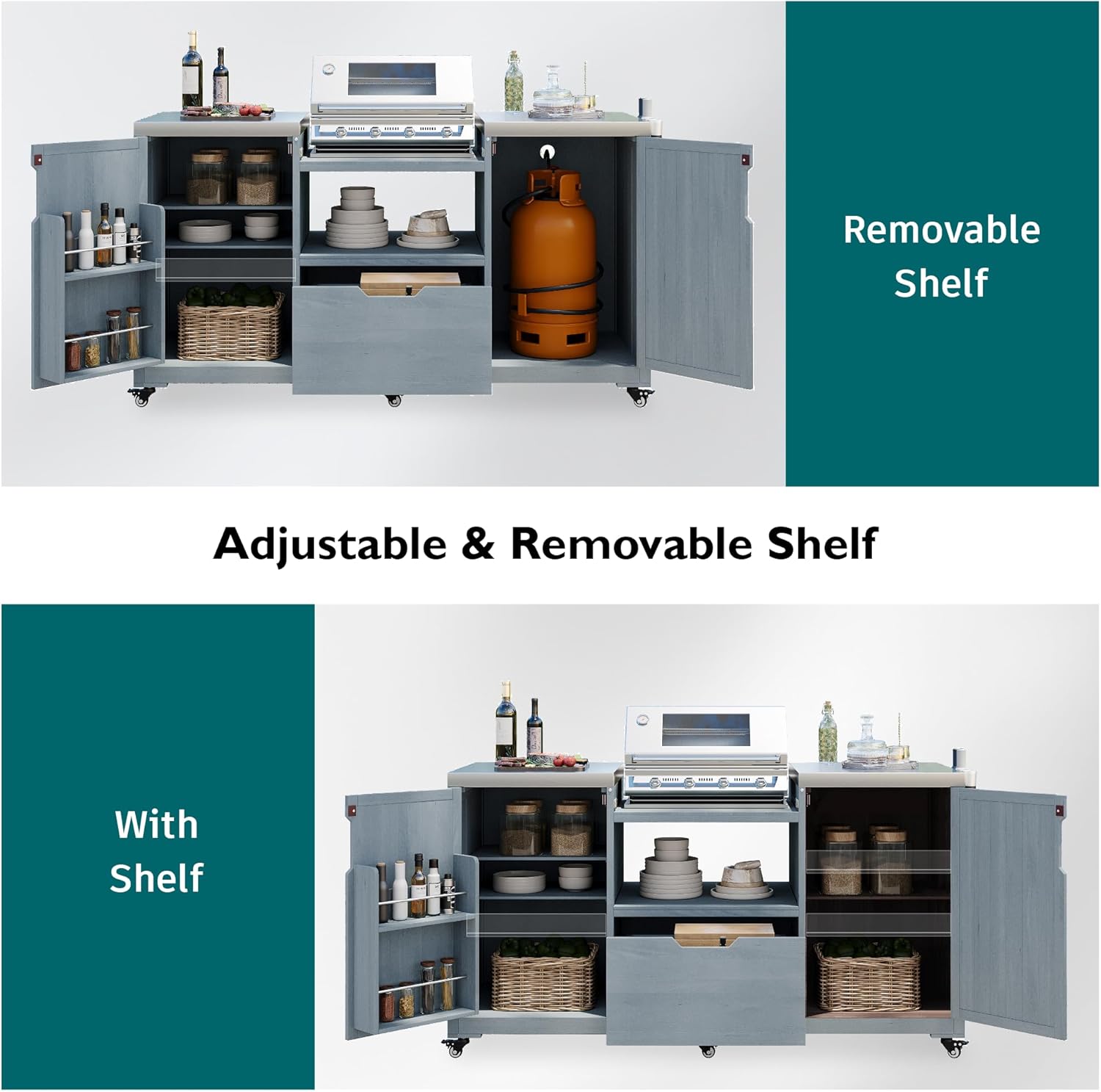 Merax 66.5' Outdoor Grill Table for Big Green Egg, Farmhouse Kitchen Island on Wheels with Stainless Steel Tabletop, Drawer and Spice Rack, Solid Wood Outdoor Storage Cabinet for Backyard, Grey Blue