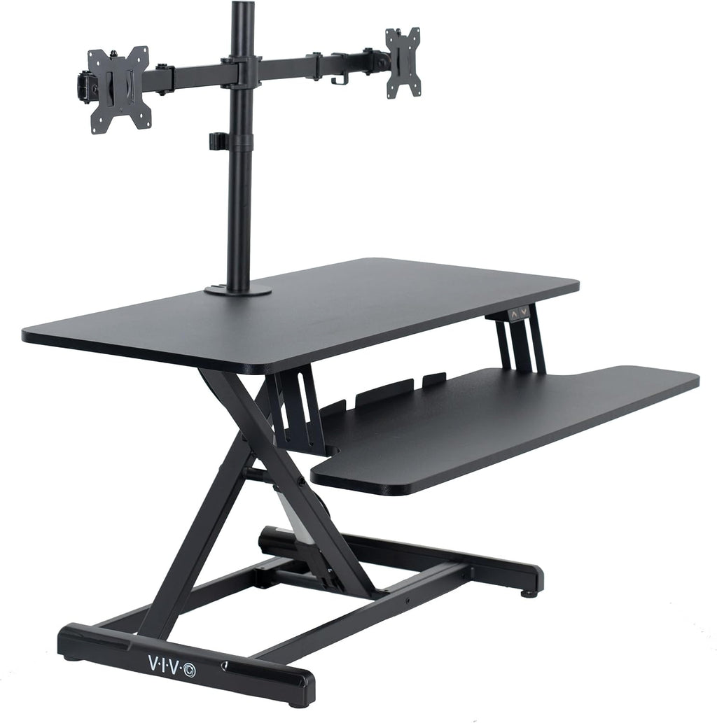 VIVO Electric Height Adjustable 36 inch Standing Desk Converter with Dual Monitor Stand for 13 to 30 inch Screens, Sit Stand Monitor Mount and Desk Riser, Black, DESK-KIT-VE36B2