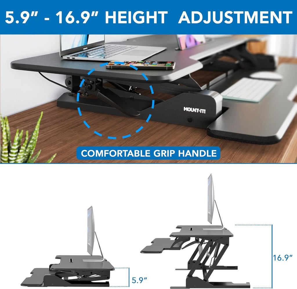 Mount-It! 47' Standing Desk Converter, XL Desktop Sit-Stand Desk Riser with Gas Spring Height Adjustment, Wide Desk Topper for Dual Monitors or Monitor & Laptop, Keyboard Tray, Black