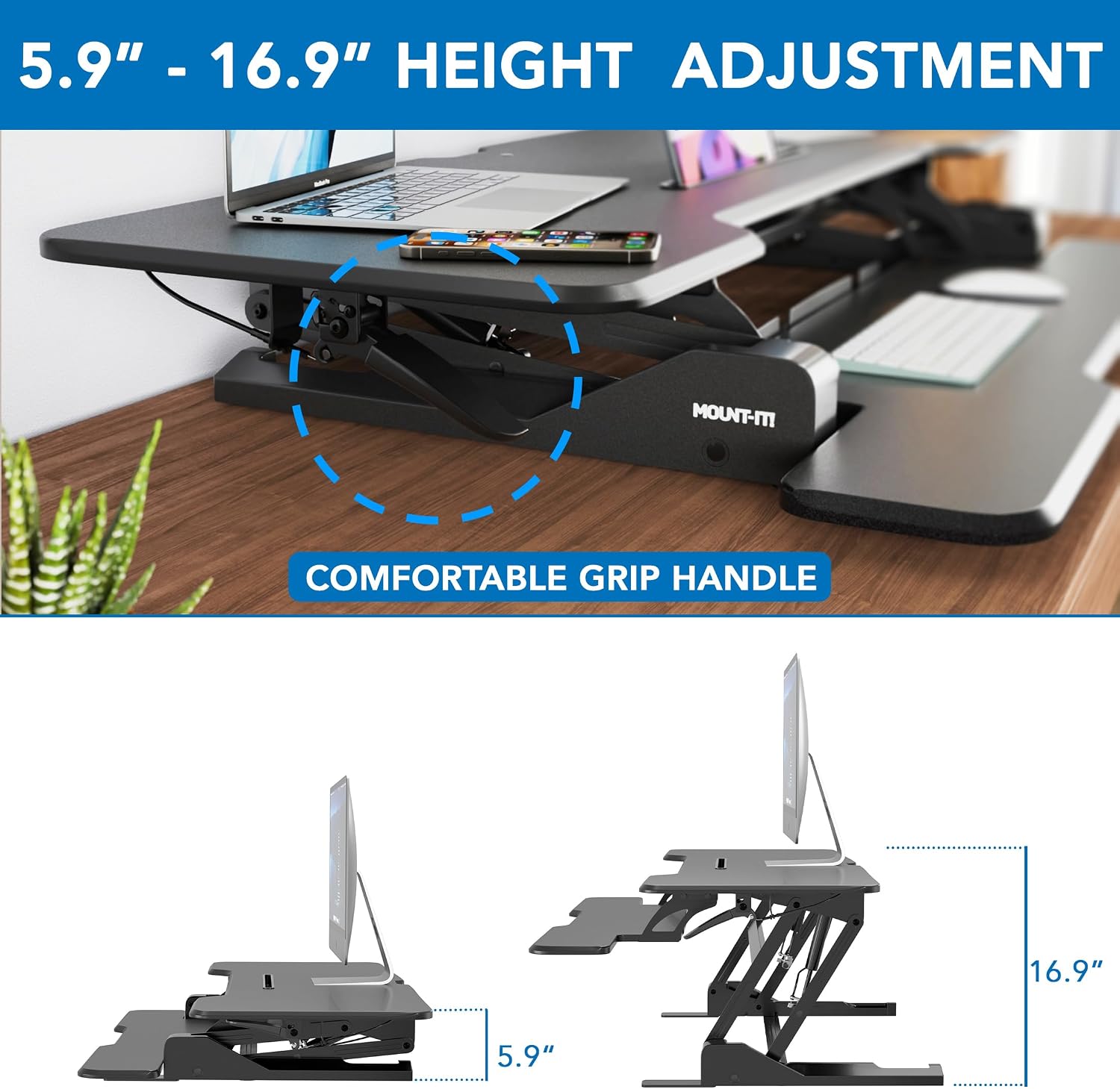 Mount-It! 47' Standing Desk Converter, XL Desktop Sit-Stand Desk Riser with Gas Spring Height Adjustment, Wide Desk Topper for Dual Monitors or Monitor & Laptop, Keyboard Tray, Black