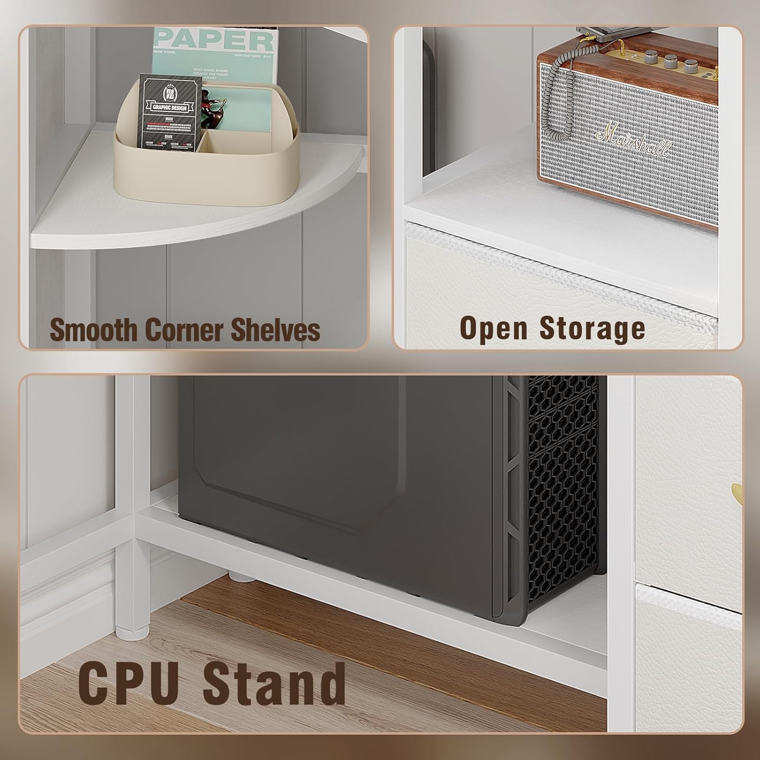 VENNQD Corner Desk with 6 Drawers Shelves for Small Space Computer Desk with Power Outlets,Gaming Desk with Printer Monitor Stand Storage for Home Office Workstation Writing Table (White, 31.5)