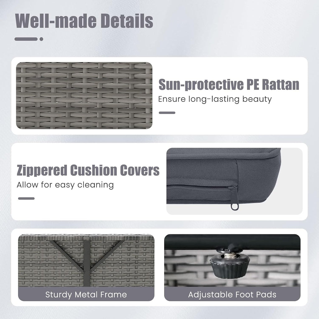 Tangkula Patio Rattan Daybed with 4-Level Adjustable Backrest, Outdoor PE Wicker Loveseat with Storage Ottoman & Folding Side Table, Double Sunbed for Balcony, Backyard & Poolside, Grey