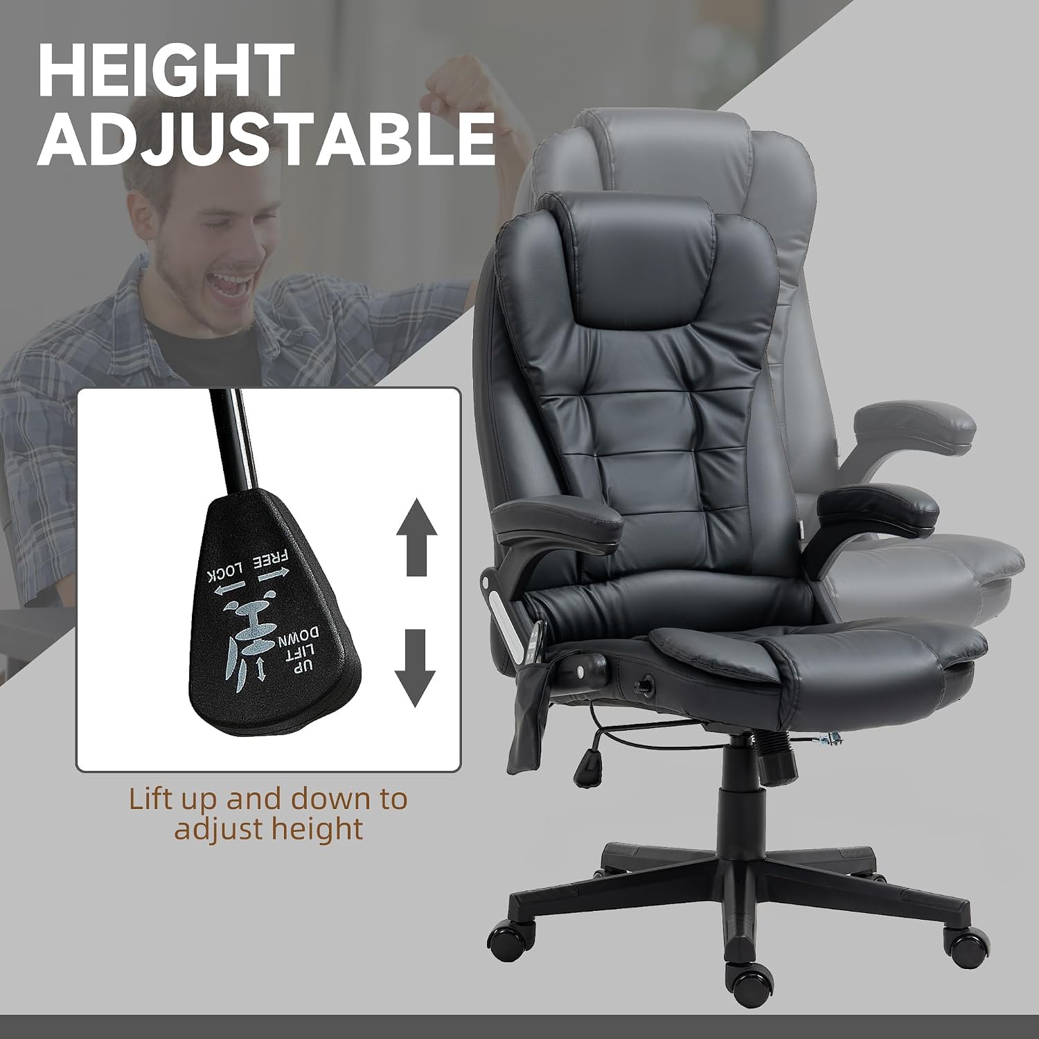 HOMCOM High Back Vibration Massage Office Chair with 6 Vibration Points, Heated Reclining PU Leather Computer Chair with Armrest and Remote, Black