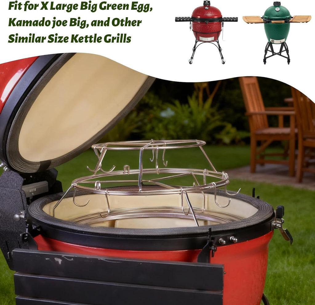 3-Tier Rib Hanging System for Big Green Egg XL, for Kamado Joe Big, Rib Hanger with Removable Cooking Hooks 304 Stainless Steel Replacement Kit Grill Racks BGE Accessories