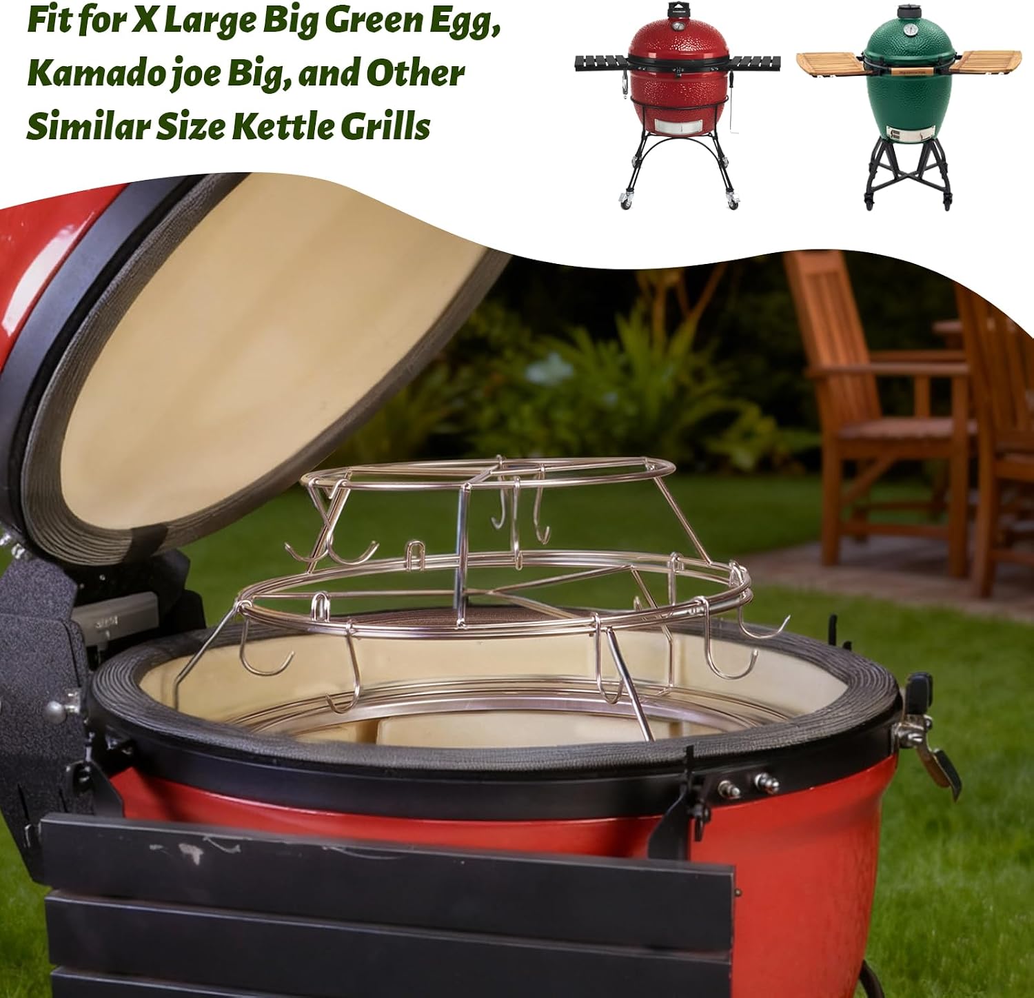 3-Tier Rib Hanging System for Big Green Egg XL, for Kamado Joe Big, Rib Hanger with Removable Cooking Hooks 304 Stainless Steel Replacement Kit Grill Racks BGE Accessories