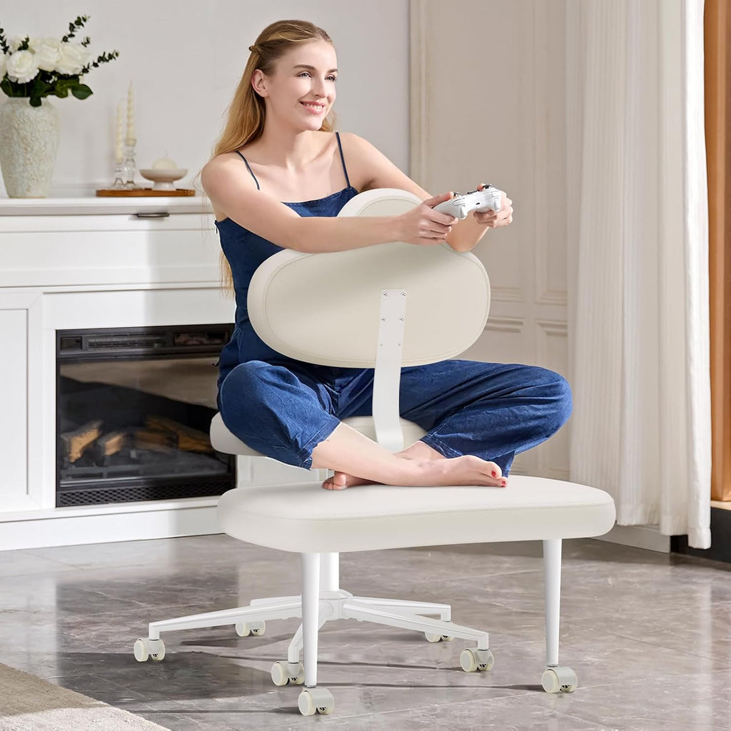 Pinmoco Cross Legged Office Chair with Wheels, Meditation Chair, ADHD Chair for Adults, Wider Height Adjustable Backrest and Seat, Yoga Office Chair, PU Leather, Beige