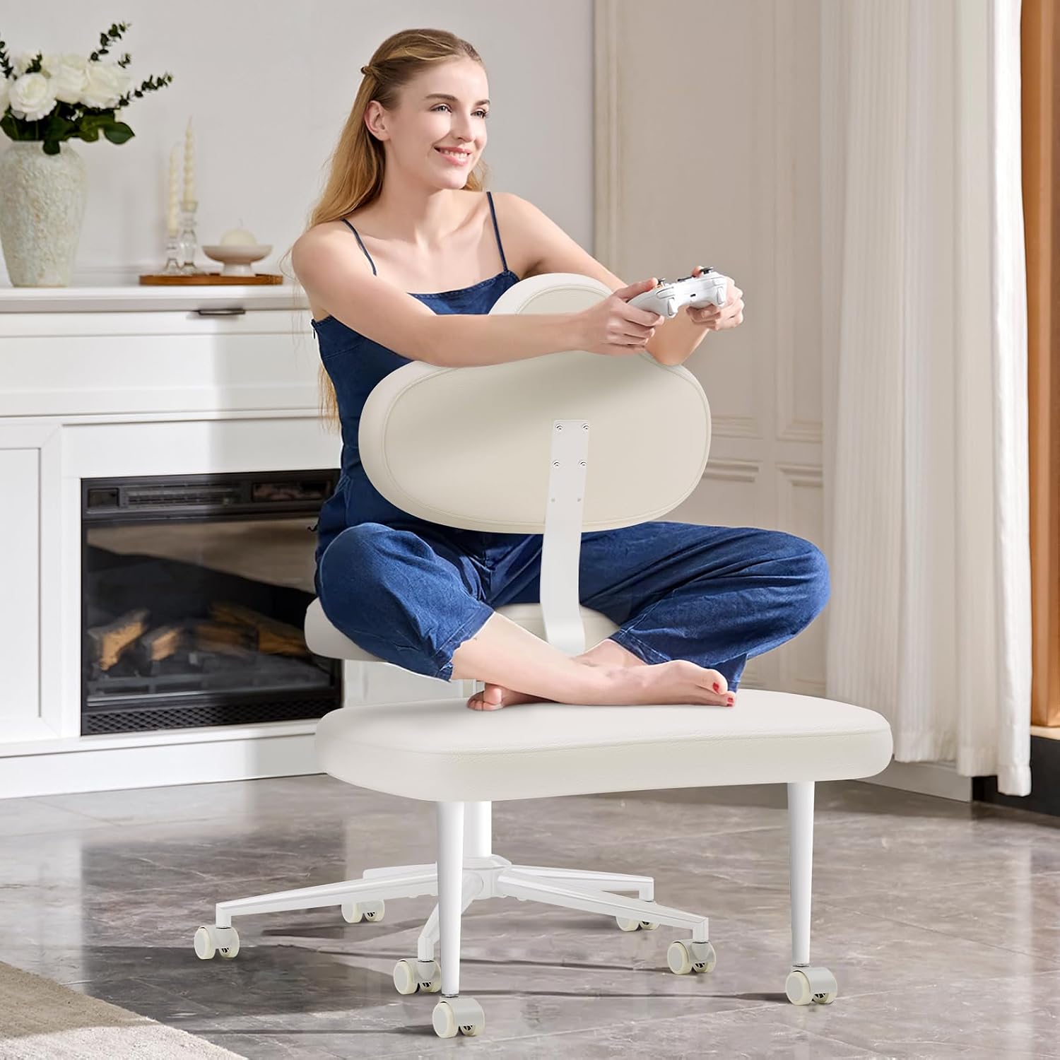 Pinmoco Cross Legged Office Chair with Wheels, Meditation Chair, ADHD Chair for Adults, Wider Height Adjustable Backrest and Seat, Yoga Office Chair, PU Leather, Beige