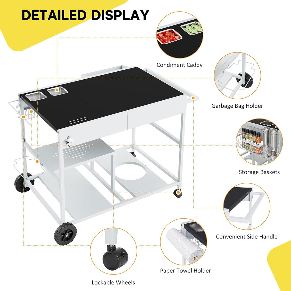 JY QAQA Pizza Oven Table Grill Cart with Condiment Shelf, Outdoor Cooking Cart, Grill Worktable for Patio, Food Prep Station Fits Ninja Woodfire Grill, Cuisinart Grill, Blackstone Griddle etc Grill
