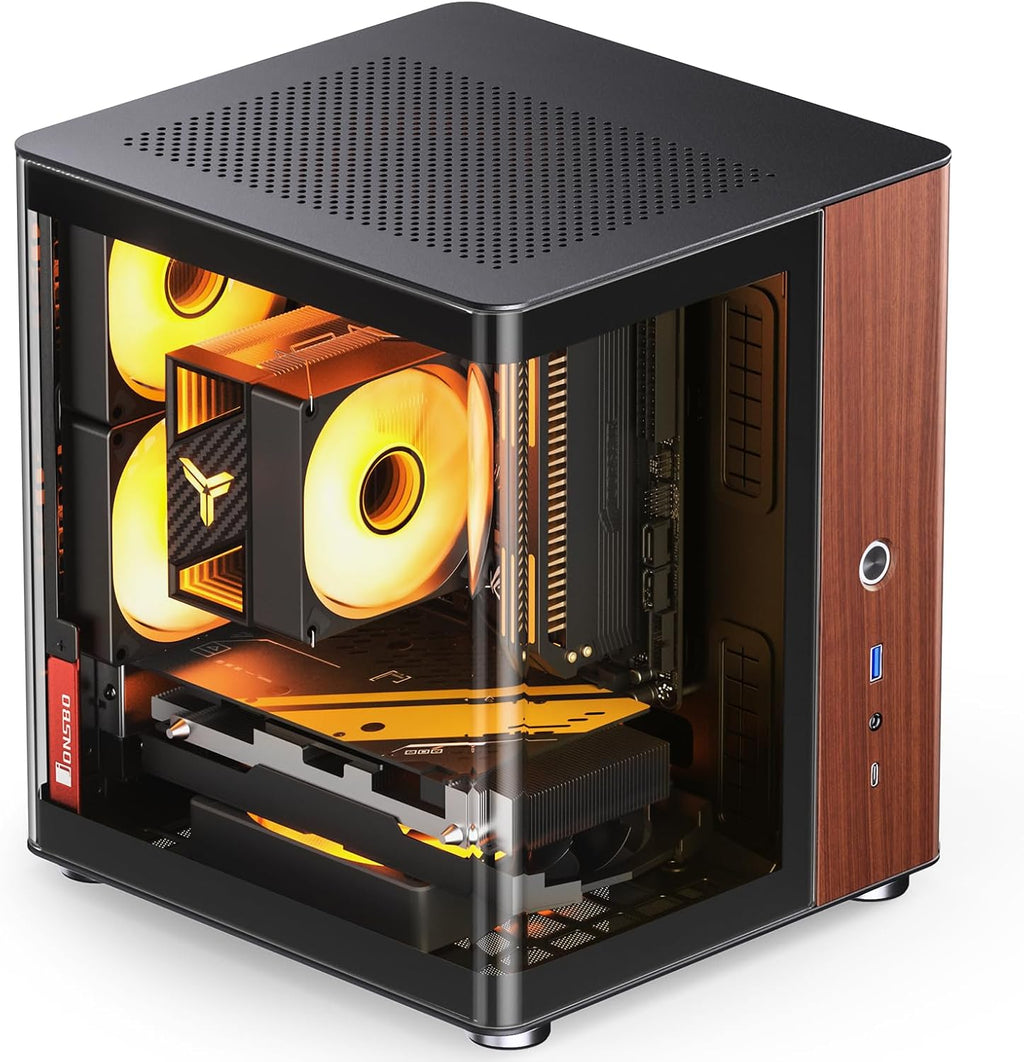 JONSBO TK-0 Black ITX Mini Tower PC Case, Hyperboloid Glass Desktop Design,Separated Cabinet Structure, Al Alloy Shell DTX/ITX Walnut Wood Computer Case, Sff Case,Black