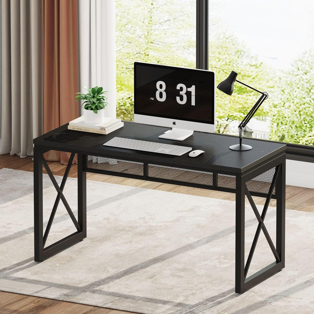 BON AUGURE Black Computer Desk, Modern Gaming Desk, Industrial Wood Office Desks, Sturdy Writing Desks for Home Office, Living Room, Study Workstation, Bedroom (Black, 54 Inch)