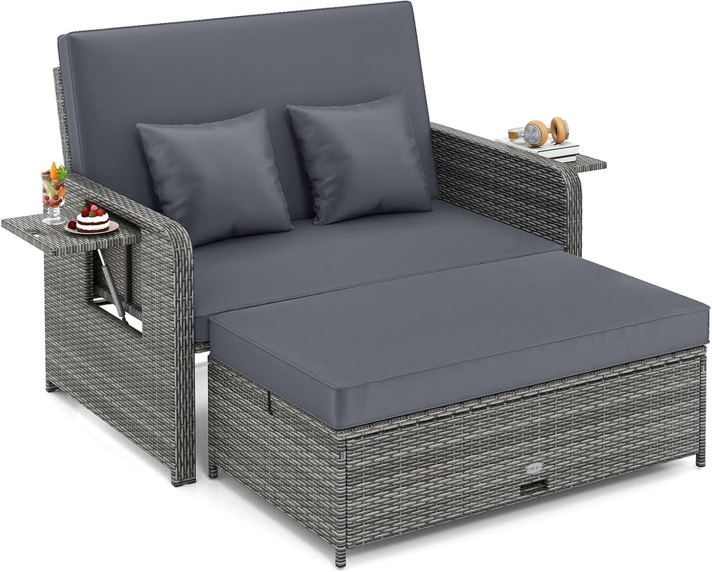 Tangkula Patio Rattan Daybed with 4-Level Adjustable Backrest, Outdoor PE Wicker Loveseat with Storage Ottoman & Folding Side Table, Double Sunbed for Balcony, Backyard & Poolside, Grey
