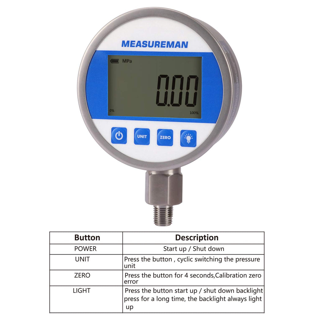 MEASUREMAN 4' dial, High Precision Hydraulic Industrial Digital Pressure Gauge 0-10000psi/bar, 1/4' NPT Lower, Stainless Steel Case and Connection, 0.4%,Battery and Micro USB Powered, with LED Light