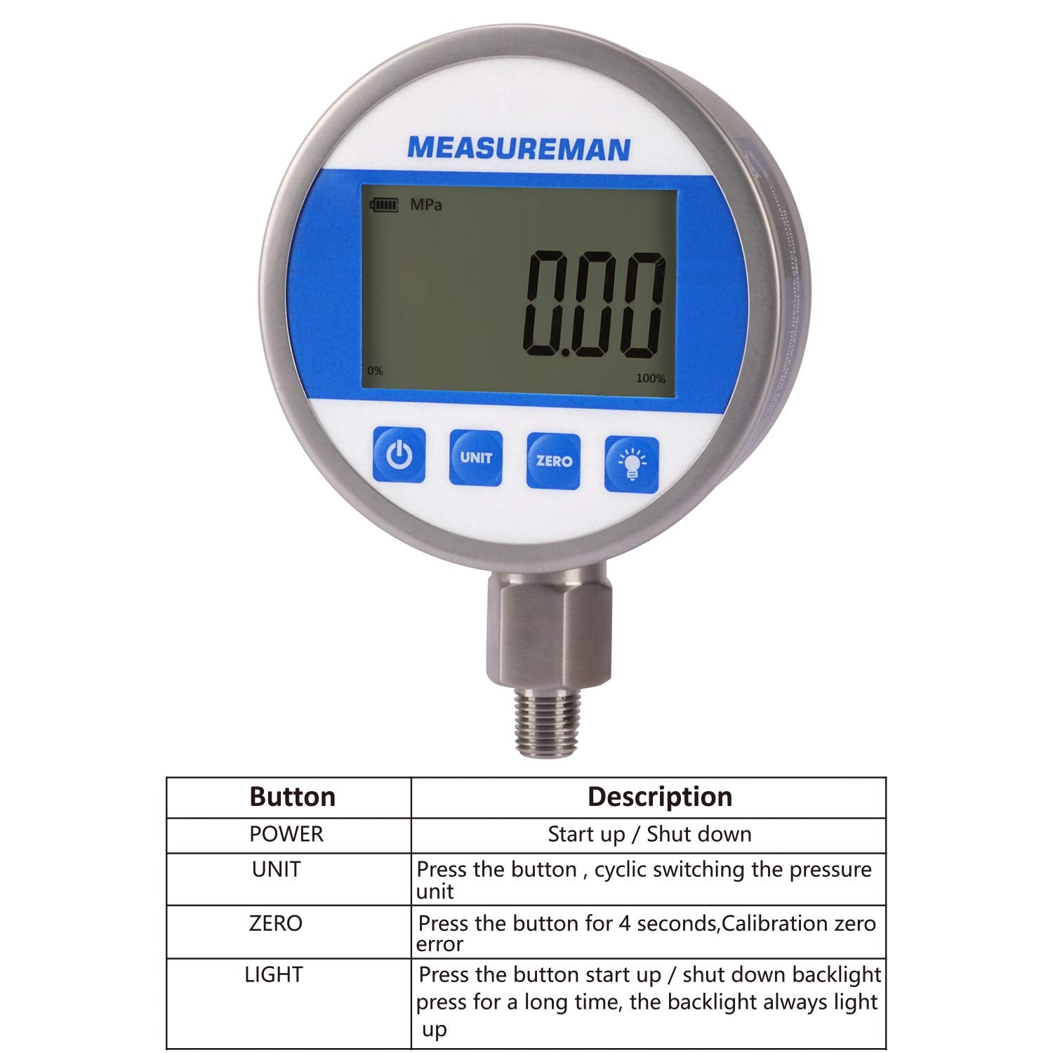 MEASUREMAN 4' dial, High Precision Hydraulic Industrial Digital Pressure Gauge 0-10000psi/bar, 1/4' NPT Lower, Stainless Steel Case and Connection, 0.4%,Battery and Micro USB Powered, with LED Light