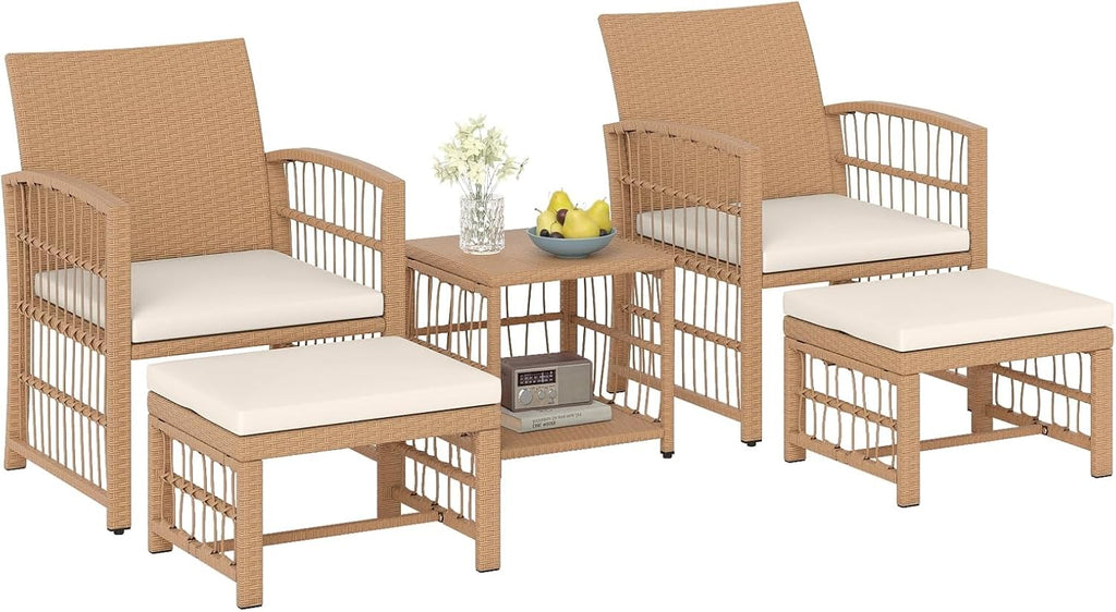 Tangkula 5 Pieces Patio Wicker Conversation Set, Outdoor Furniture Set with 2 Armchairs, 2 Ottomans & 2-Tier Side Table, Outside Rattan Cushioned Sofa Set for Deck, Backyard, Porch or Poolside